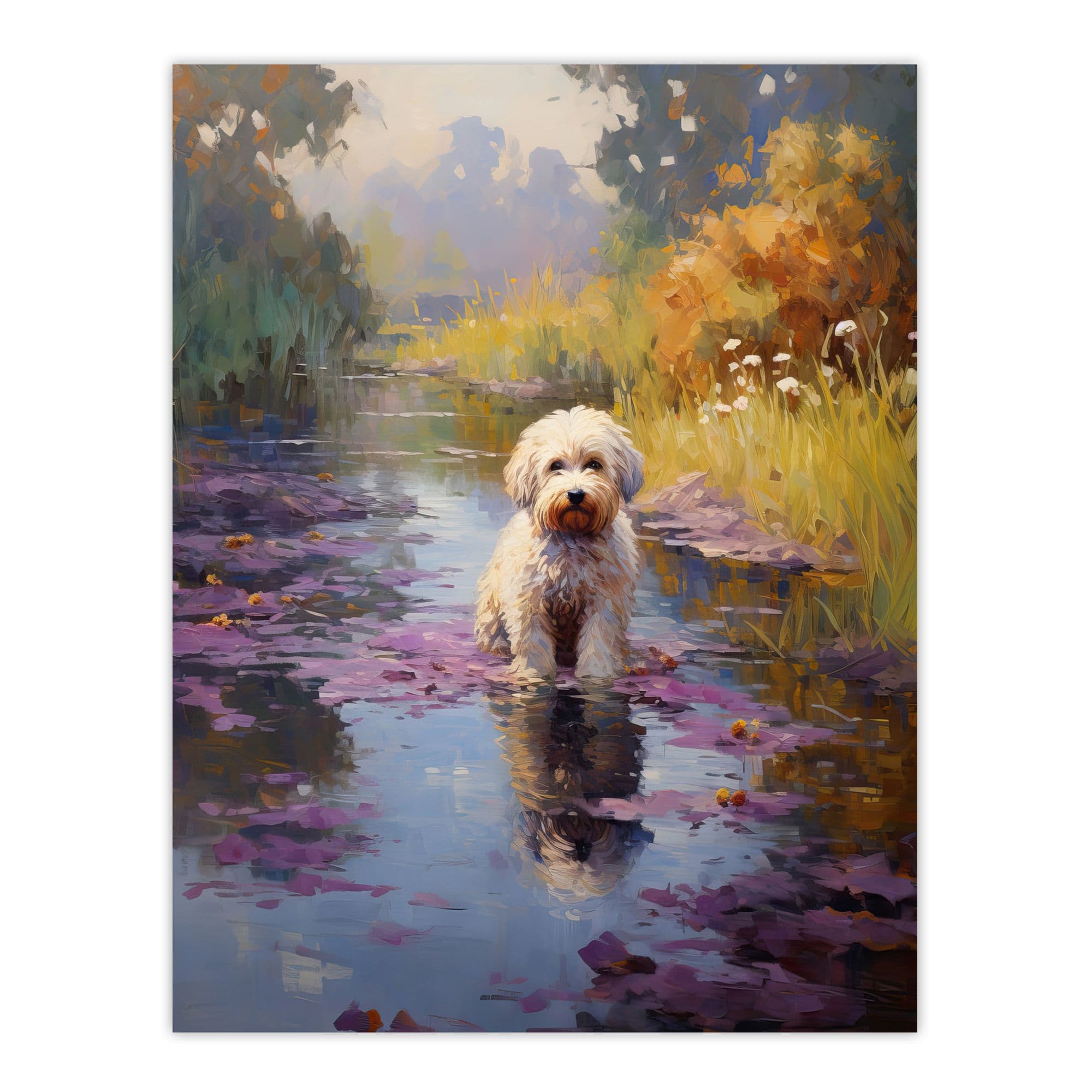 White Cockapoo Dog And Purple Water Irises Claude Monet Style Oil Painting Large Wall Unframed Art Poster Print Thick Paper 18X24 Inch