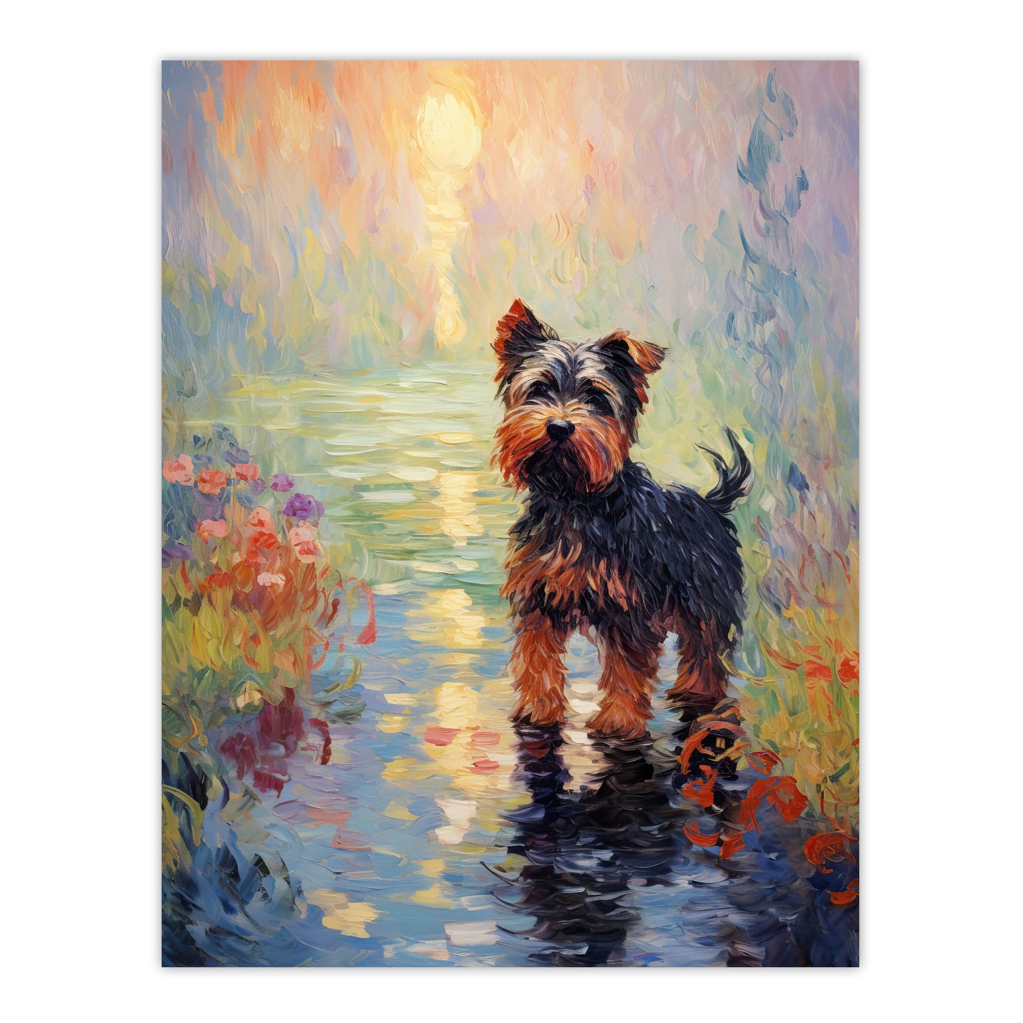 Yorkshire Terrier Claude Monet Style Dog Oil Painting Sunrise Walk By Lake Large Wall Unframed Art Poster Print Thick Paper 18X24 Inch
