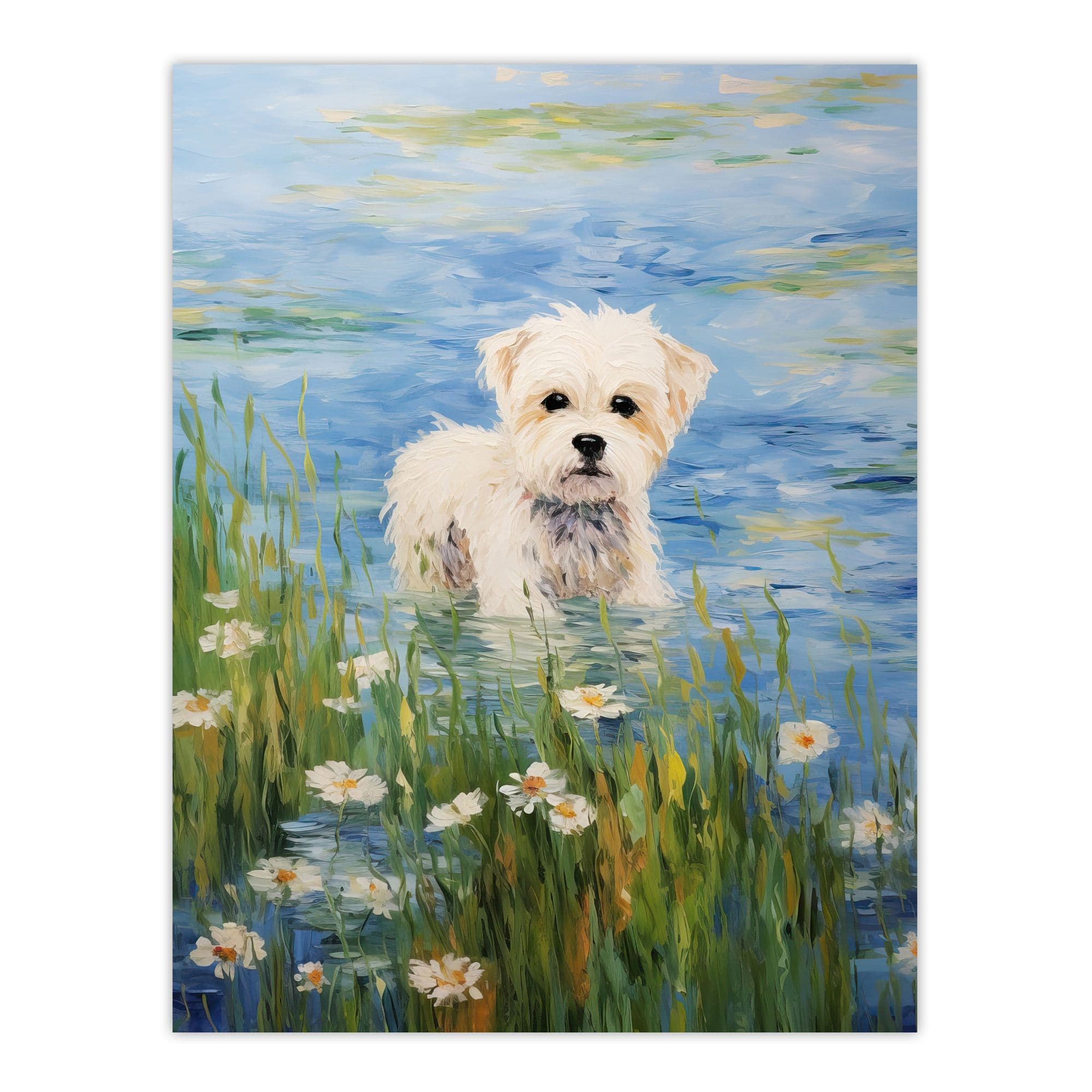Maltese Dog Claude Monet Style Oil Painting Portrait Lake Wildflowers Large Wall Unframed Art Poster Print Thick Paper 18X24 Inch