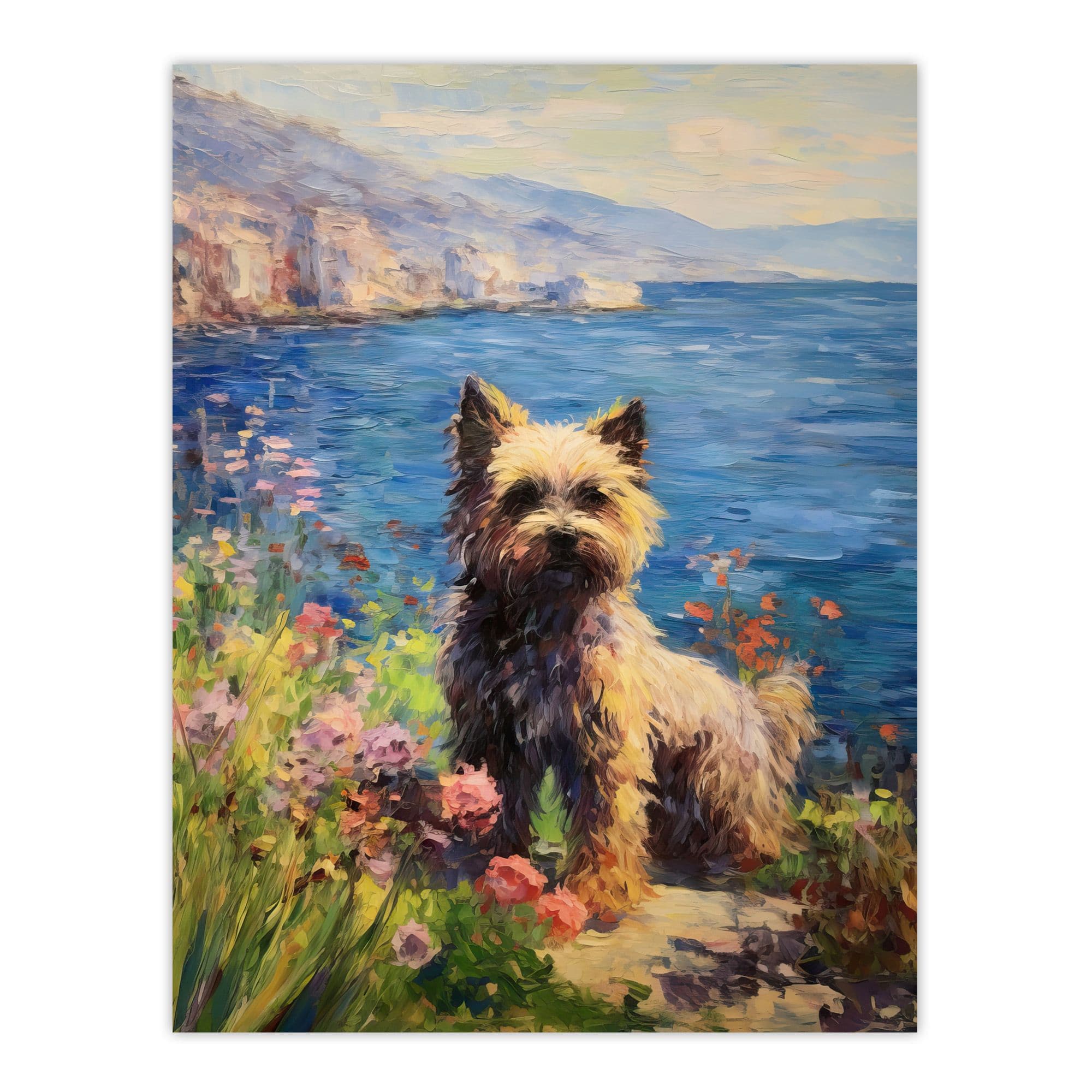 Norwich Terrier On Coastal Cliff Claude Monet Style Dog Oil Painting Large Wall Unframed Art Poster Print Thick Paper 18X24 Inch