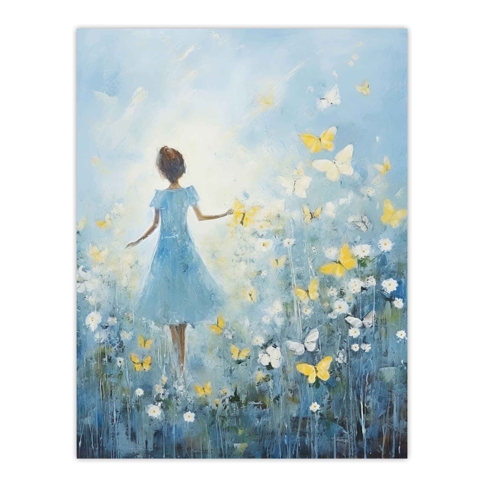 Girl In Wildflower Meadow Oil Painting Soft Blue Yellow Butterflies Spring Landscape Large Wall Unframed Art Poster Print Thick Paper 18X24 Inch