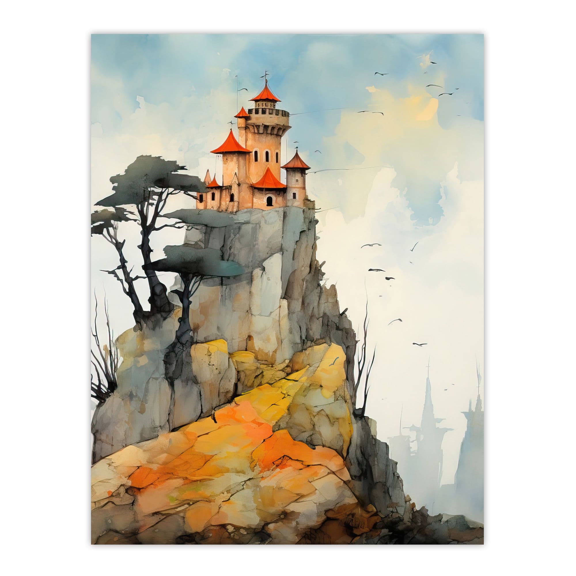The Castle In The Cliffs Transylvania Watercolour Large Wall Unframed Art Poster Print Thick Paper 18X24 Inch