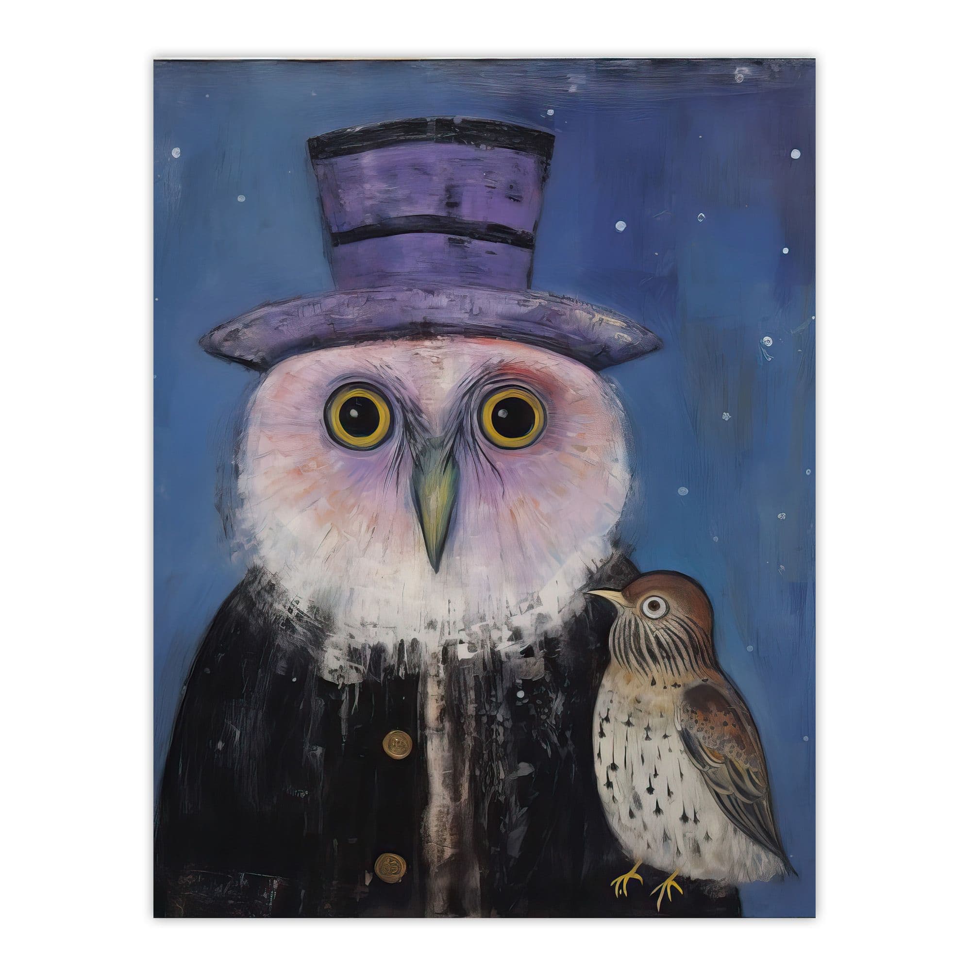 Top Hat And Tailfeathers Uncanny Friends Oil Painting Sparrow And Owl Large Wall Unframed Art Poster Print Thick Paper 18X24 Inch