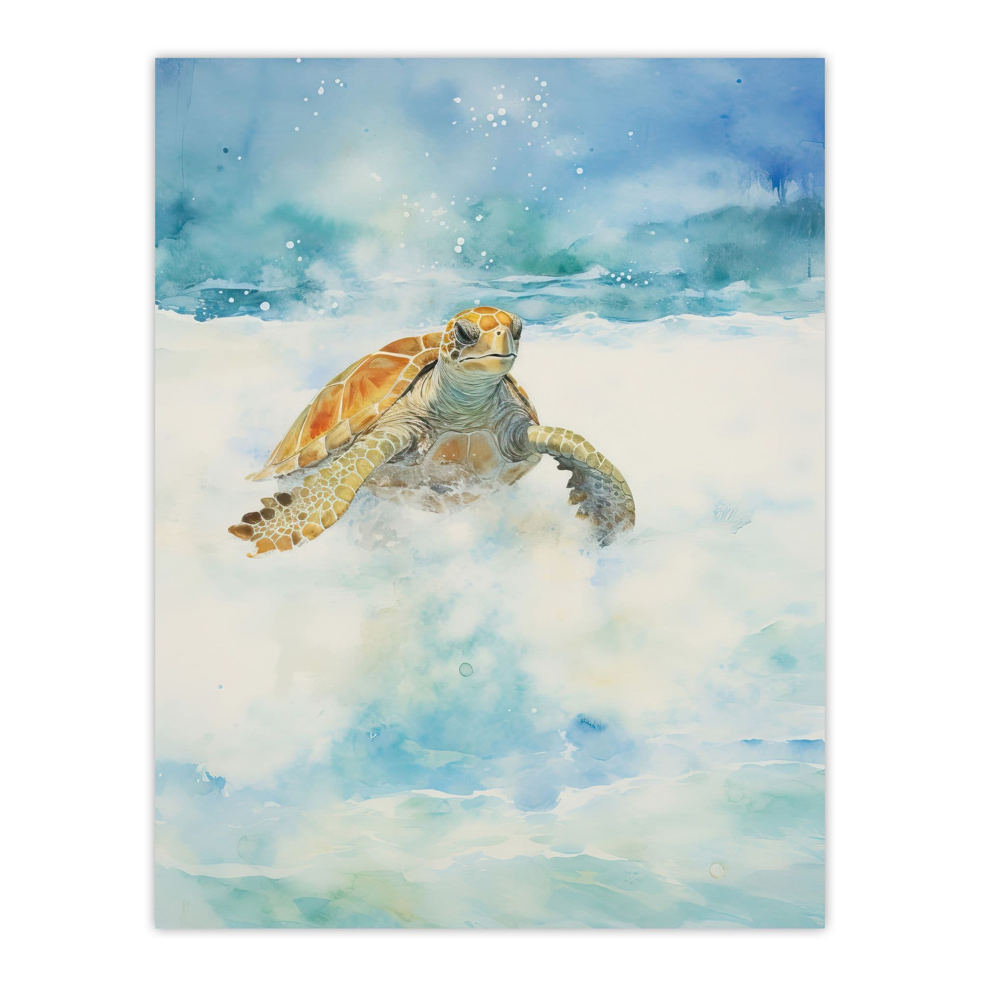Sea Turtle Surf Watercolour Painting Surfing Over Foam Waves Bright Seascape Large Wall Unframed Art Poster Print Thick Paper 18X24 Inch