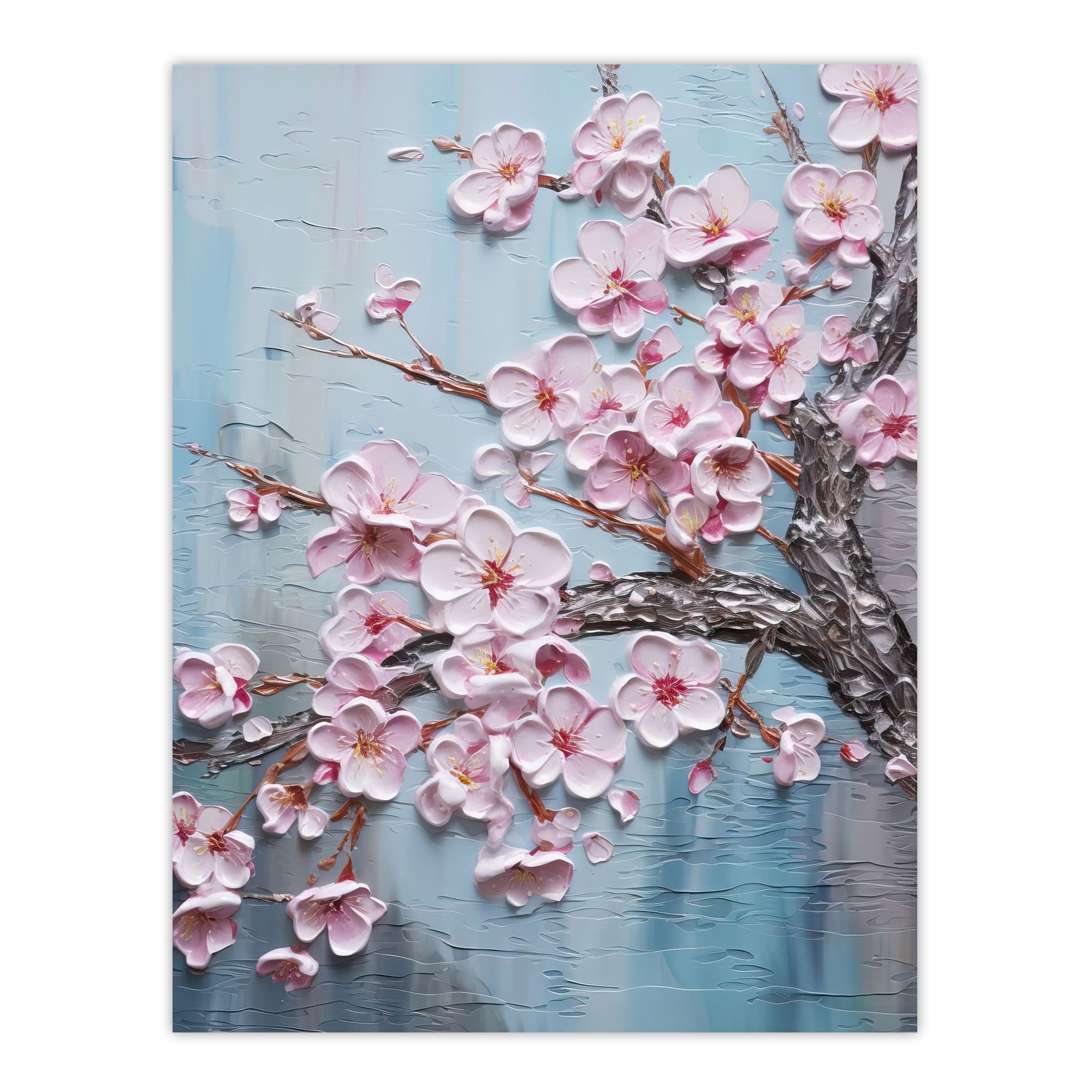 Cherry Blossom Splendor Delicate Elegant Pink And Soft Blue Oil Painting Large Wall Unframed Art Poster Print Thick Paper 18X24 Inch