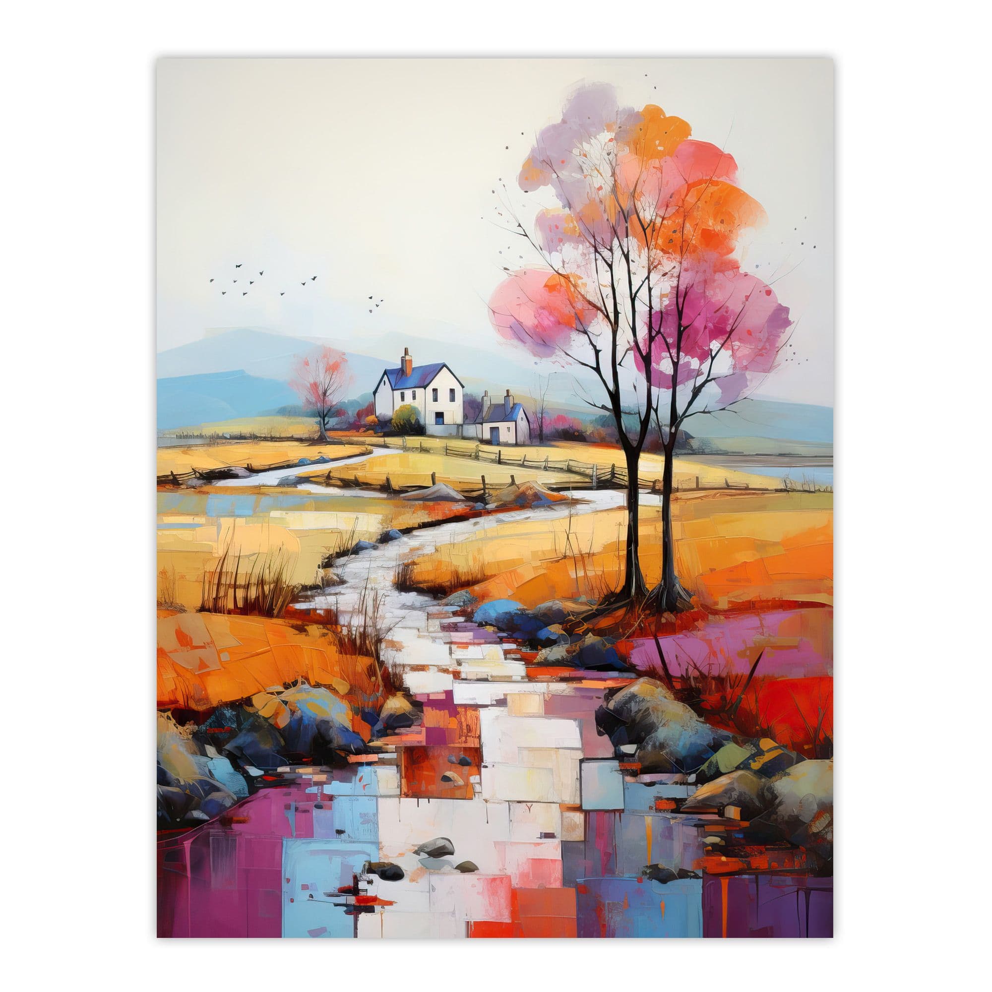 Modern Colourful Country Landscape Oil Painting Cottage Beside Stream Large Wall Unframed Art Poster Print Thick Paper 18X24 Inch