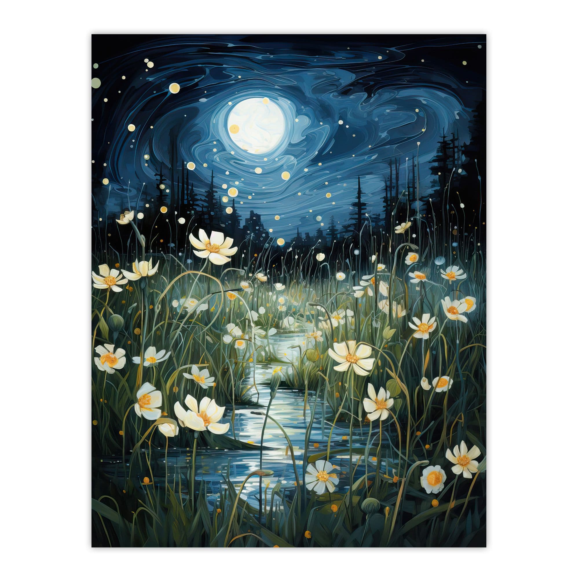 Moonlit Dancing Fireflies By Buttercup Brook Artwork Full Moon Night Moonlight Large Wall Unframed Art Poster Print Thick Paper 18X24 Inch