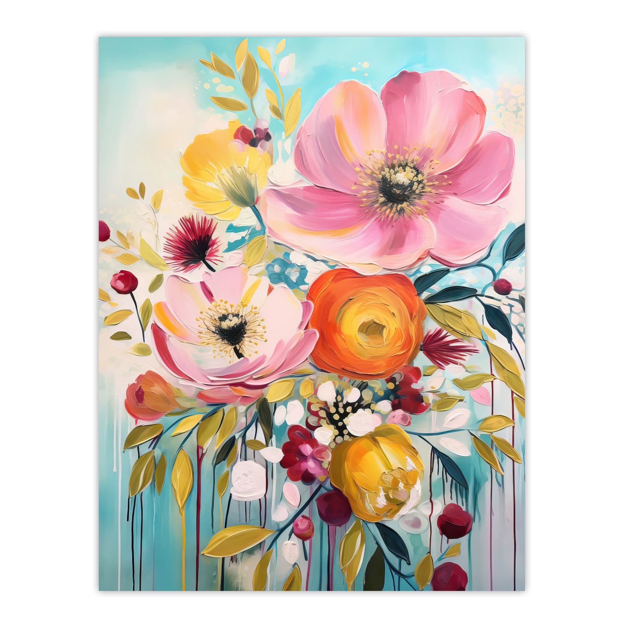 Teal Pink Yellow Flowers Bright Elegant Oil Painting Vibrant Spring Blooms Large Wall Unframed Art Poster Print Thick Paper 18X24 Inch