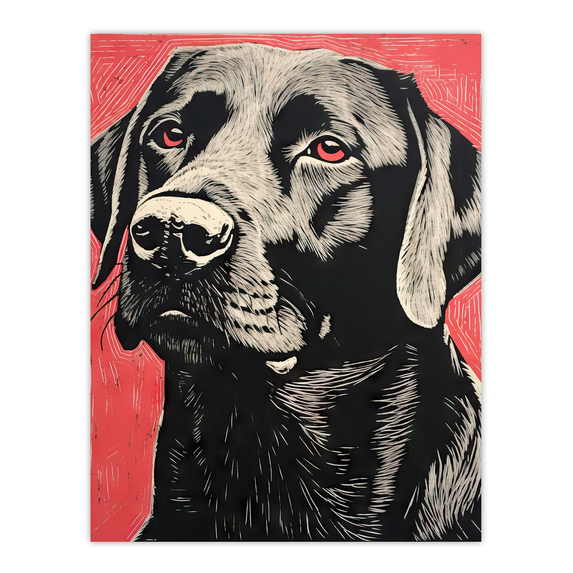 Black Lab Labrador Dog Portrait On Coral Backdrop Lino Risograph Riso Large Wall Unframed Art Poster Print Thick Paper 18X24 Inch