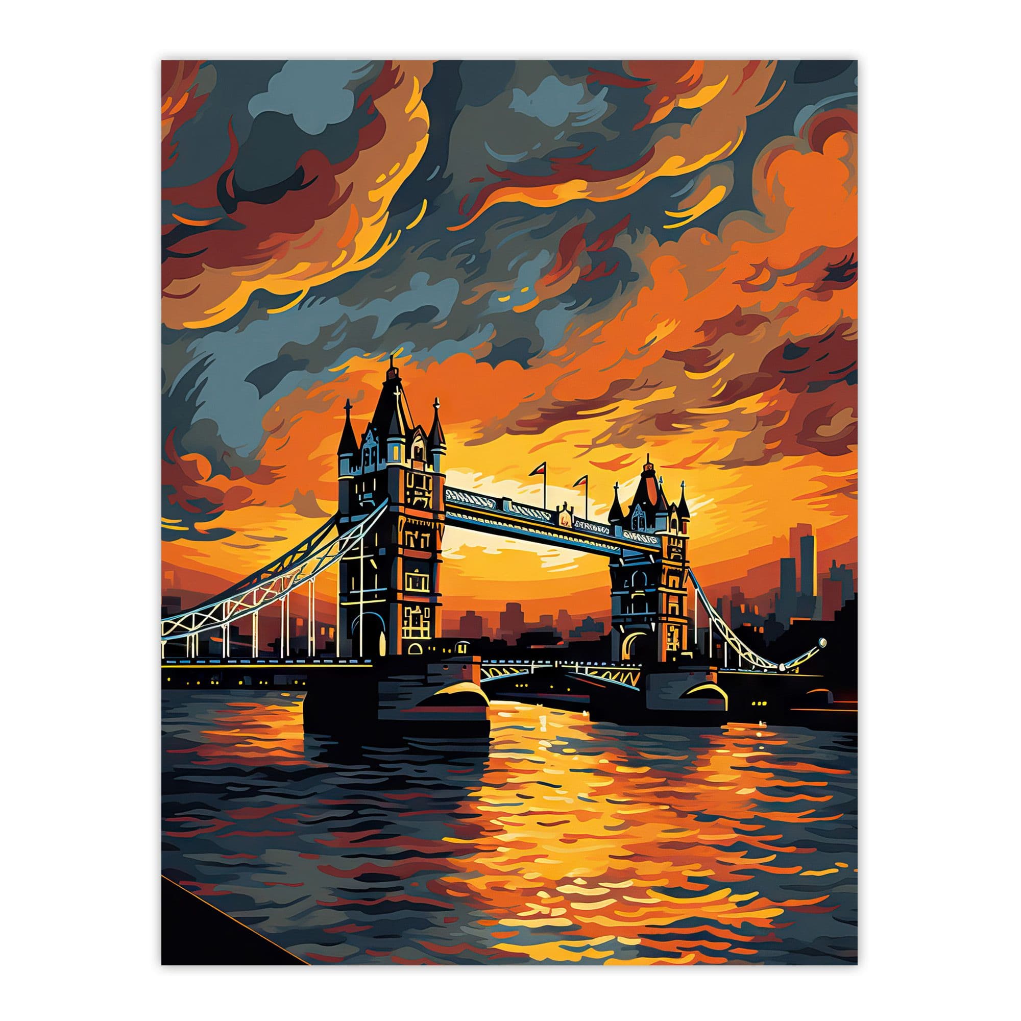 Tower Bridge And The Thames River Storm Clouds Orange And Grey London England Large Wall Unframed Art Poster Print Thick Paper 18X24 Inch
