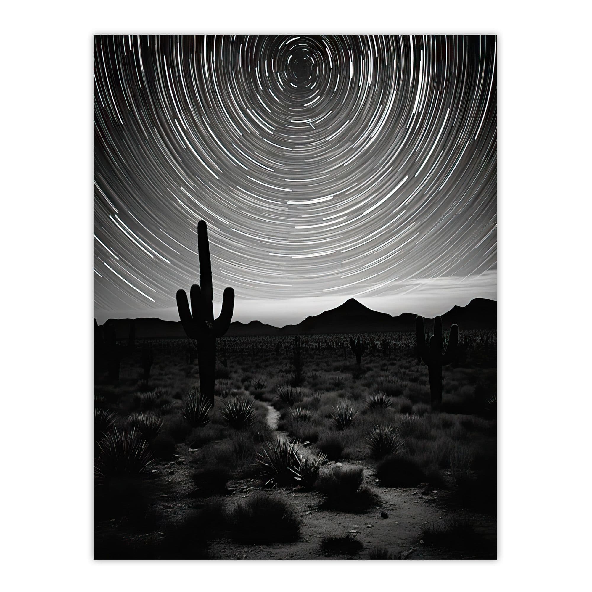 Time Lapse Night Sky Star Trails Across The Night Sky Black White Desert Cactus Large Wall Unframed Art Poster Print Thick Paper 18X24 Inch