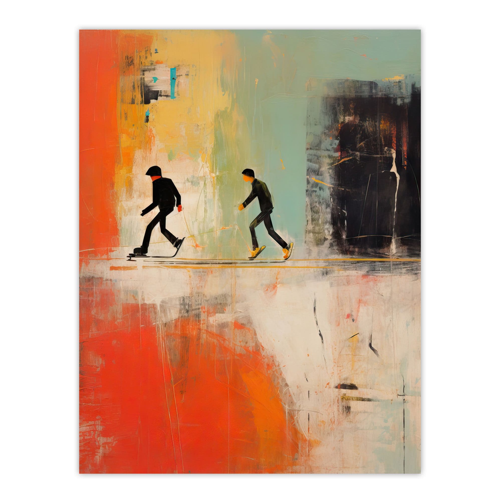 Skaters Gliding Through Modern Urban Graffiti Landscape Oil Painting Warm Tones Orange Large Wall Unframed Art Poster Print Thick Paper 18X24 Inch