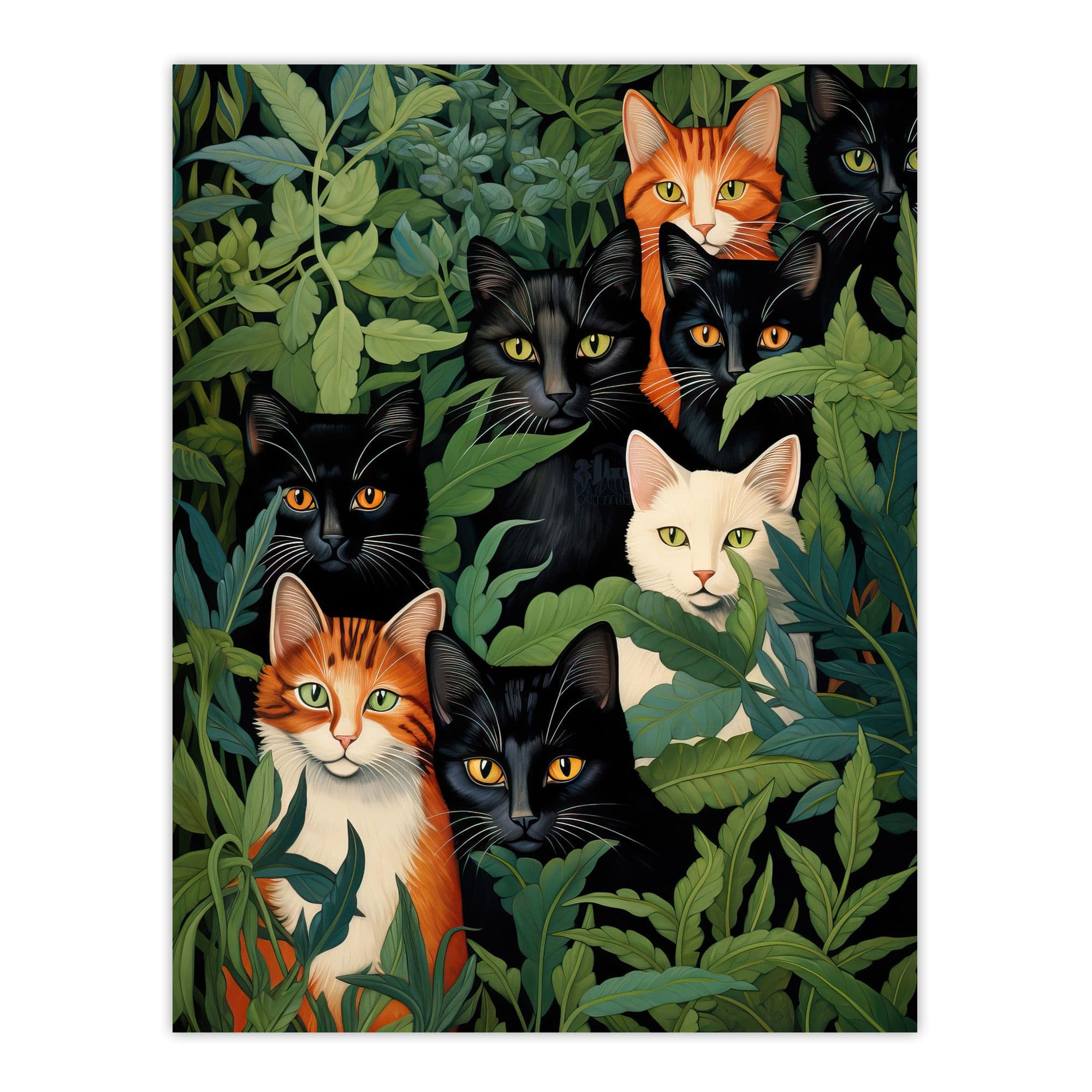 5 Cats Julia Davidson Quirky Ginger White Cat Group Green Botanicals Large Wall Unframed Art Poster Print Thick Paper 18X24 Inch