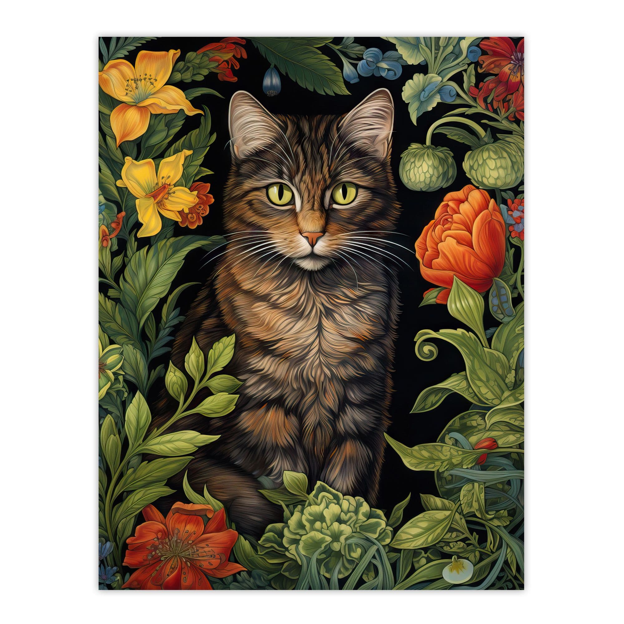 Herbaceous Henry Garden Tabby Cat Stylish Floral Flower Design Illustration Large Wall Unframed Art Poster Print Thick Paper 18X24 Inch