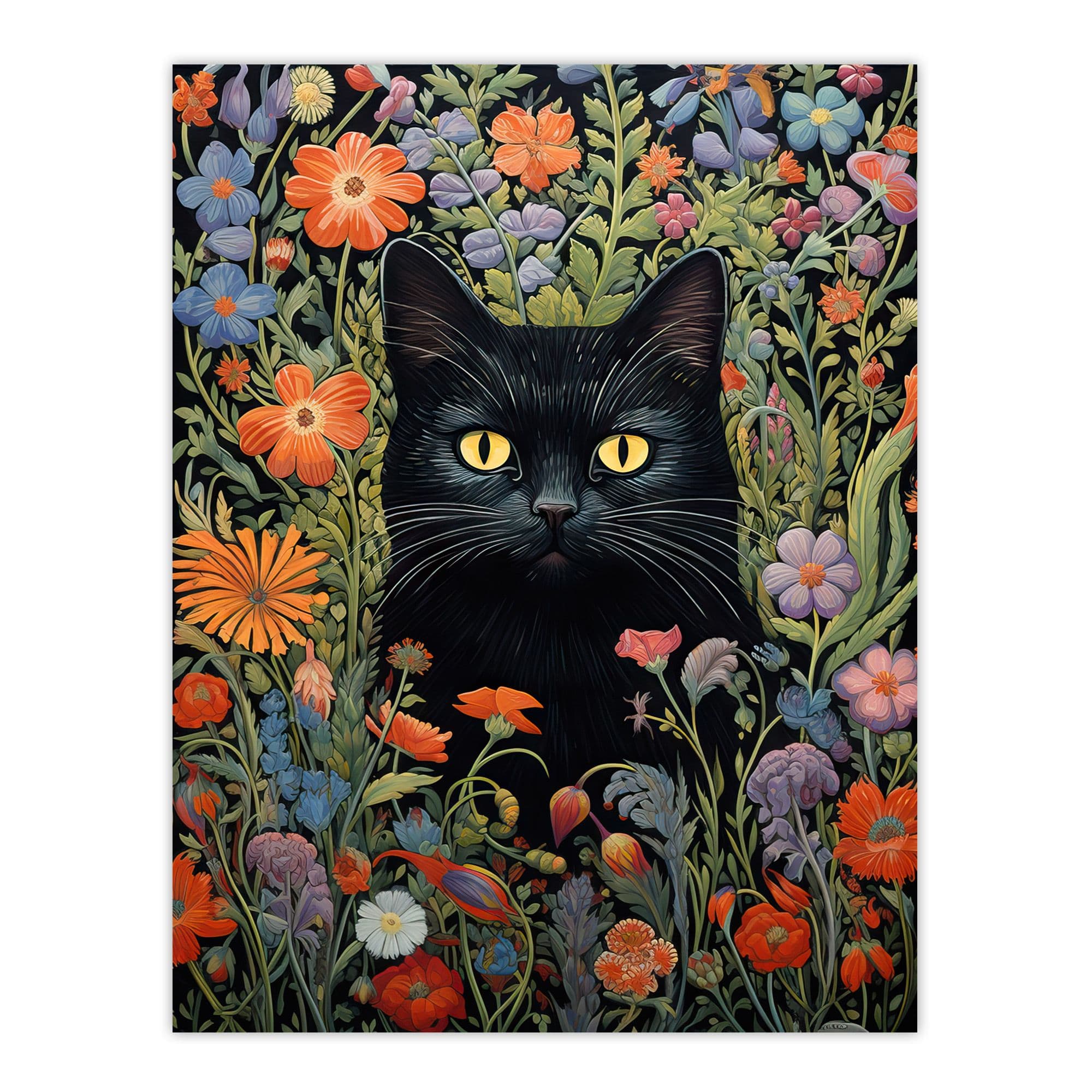 Black Cat In Wildflower Meadow Flowers Floral Design Illustration Large Wall Unframed Art Poster Print Thick Paper 18X24 Inch
