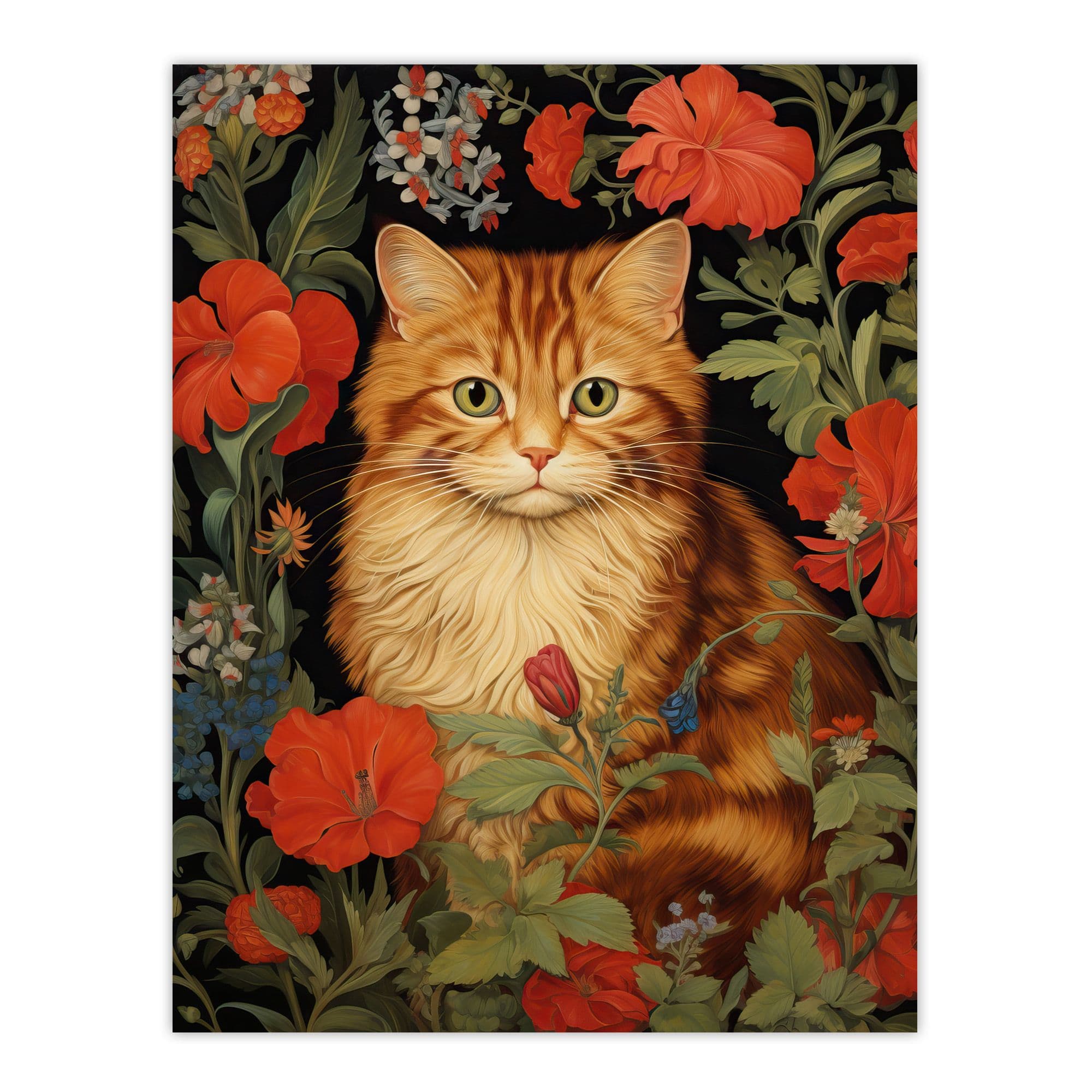 Stylish Ginger Striped Kitten Cat Amidst Flowers Floral Design Illustration Large Wall Unframed Art Poster Print Thick Paper 18X24 Inch
