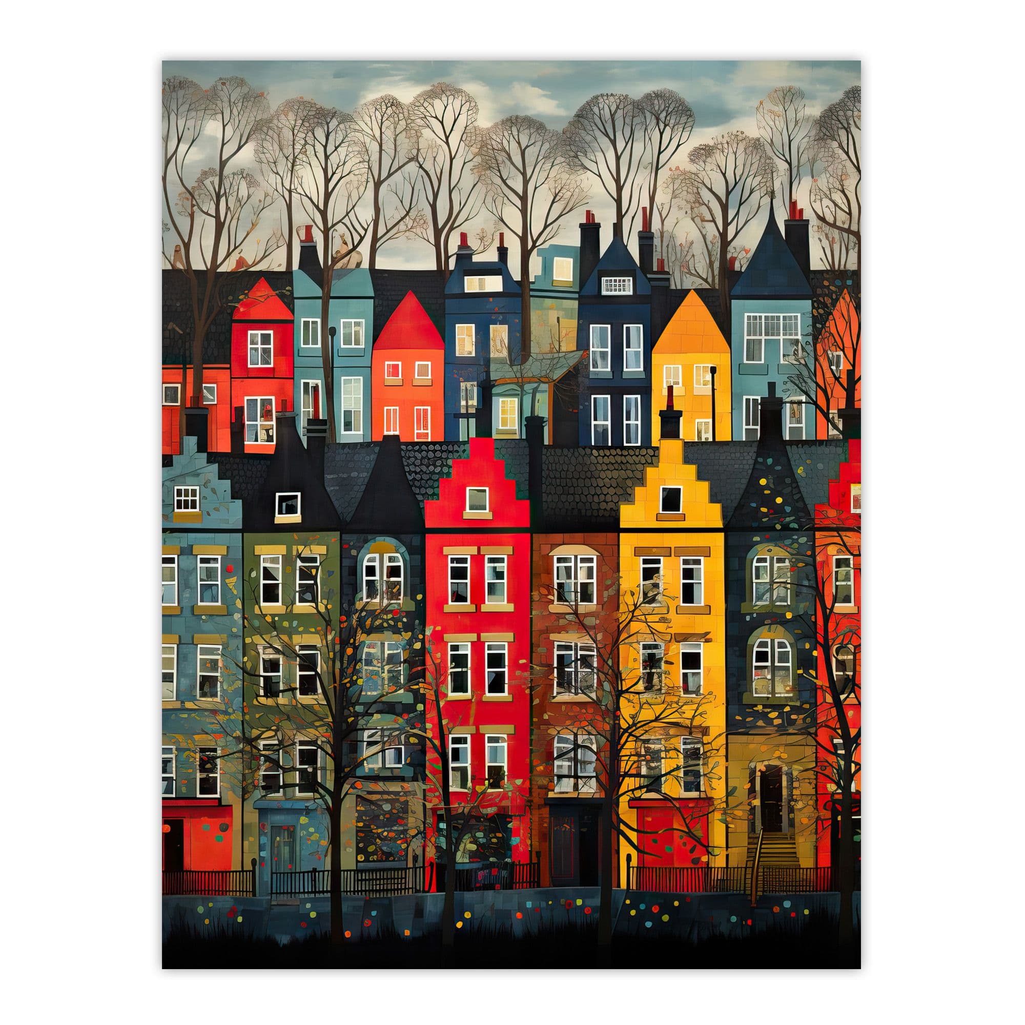 Townhouse Row Bright Coloured Streets City Autumn Modern Painting Large Wall Unframed Art Poster Print Thick Paper 18X24 Inch