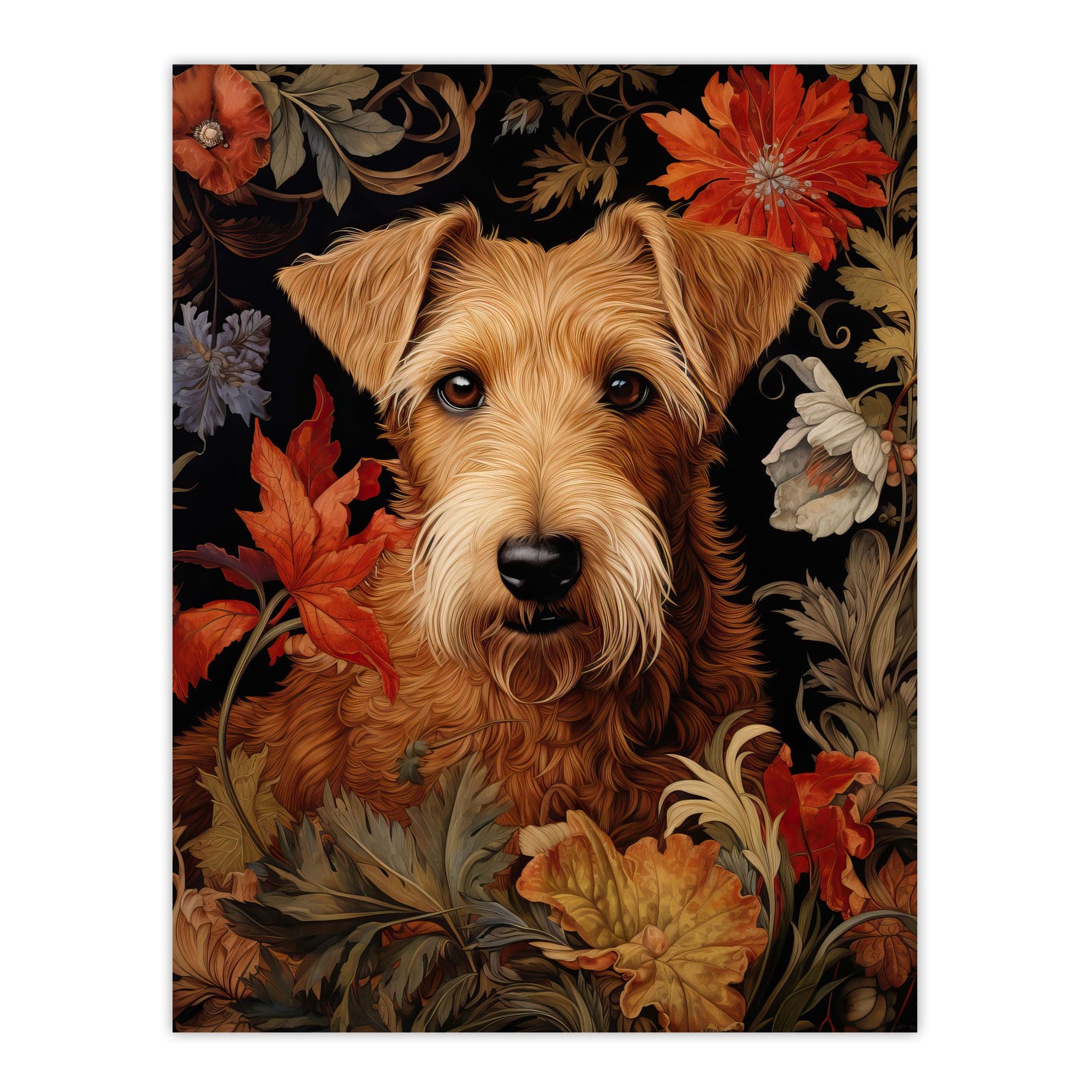 Golden Sealyham Terrier Dog On Elegant Floral Backdrop William Morris Style Pattern Artwork Large Wall Unframed Art Poster Print Thick Paper 18X24 Inc