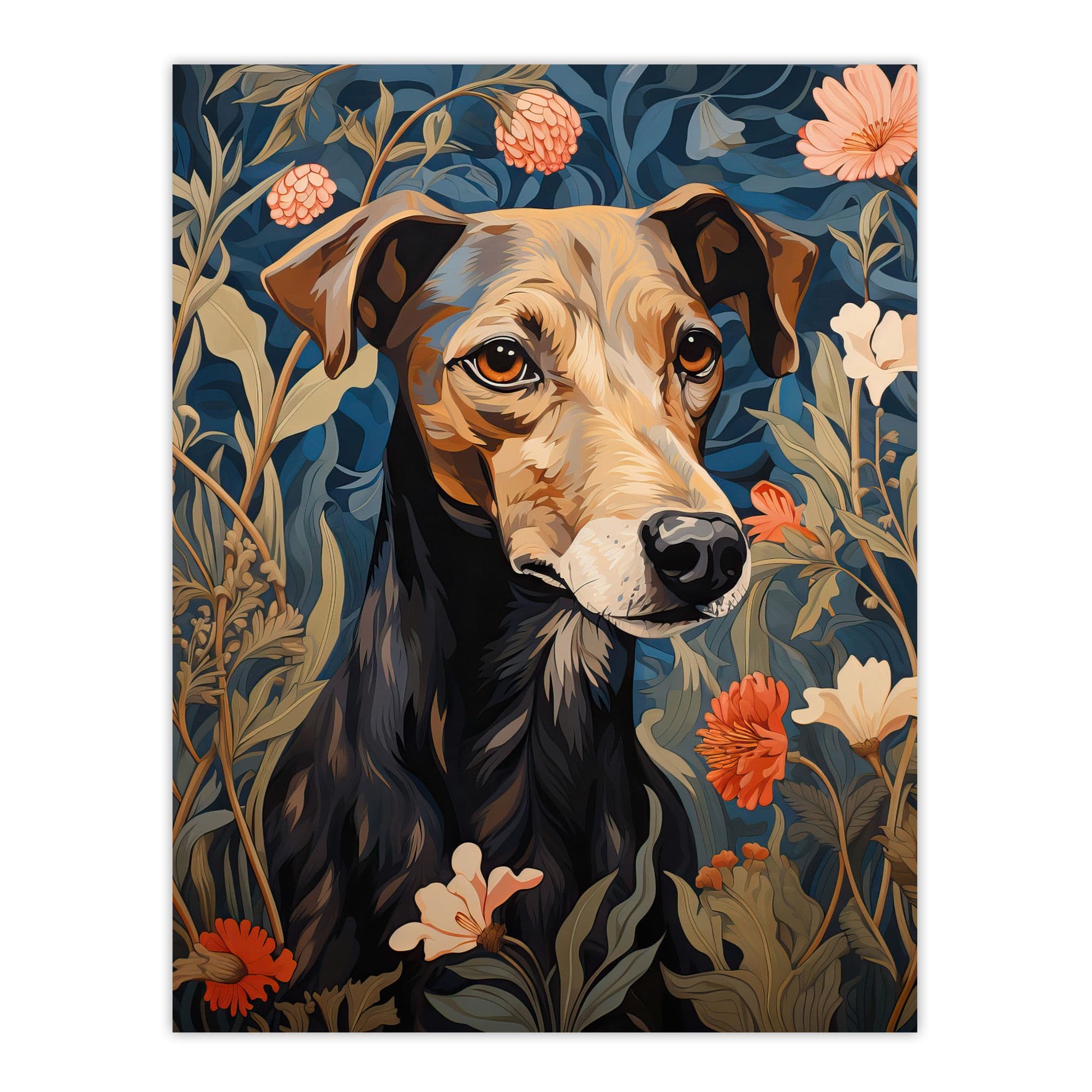 Manchester Terrier On Elegant Floral Backdrop William Morris Style Pattern Artwork Flowers Large Wall Unframed Art Poster Print Thick Paper 18X24