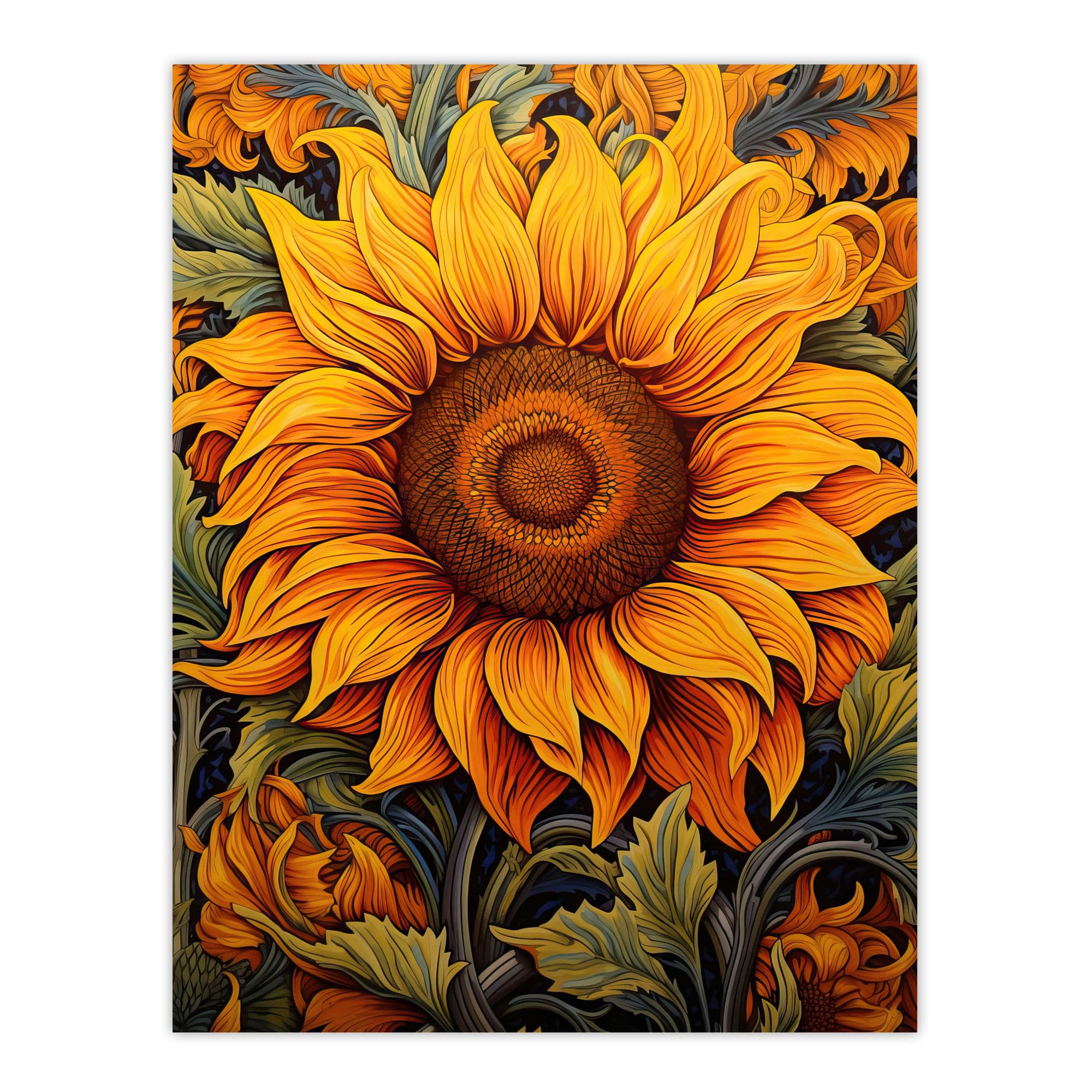 Single Sensational Summer Sunflower Bright Floral Illustration Vibrant William Morris Style Pattern Large Wall Unframed Art Poster Print Thick