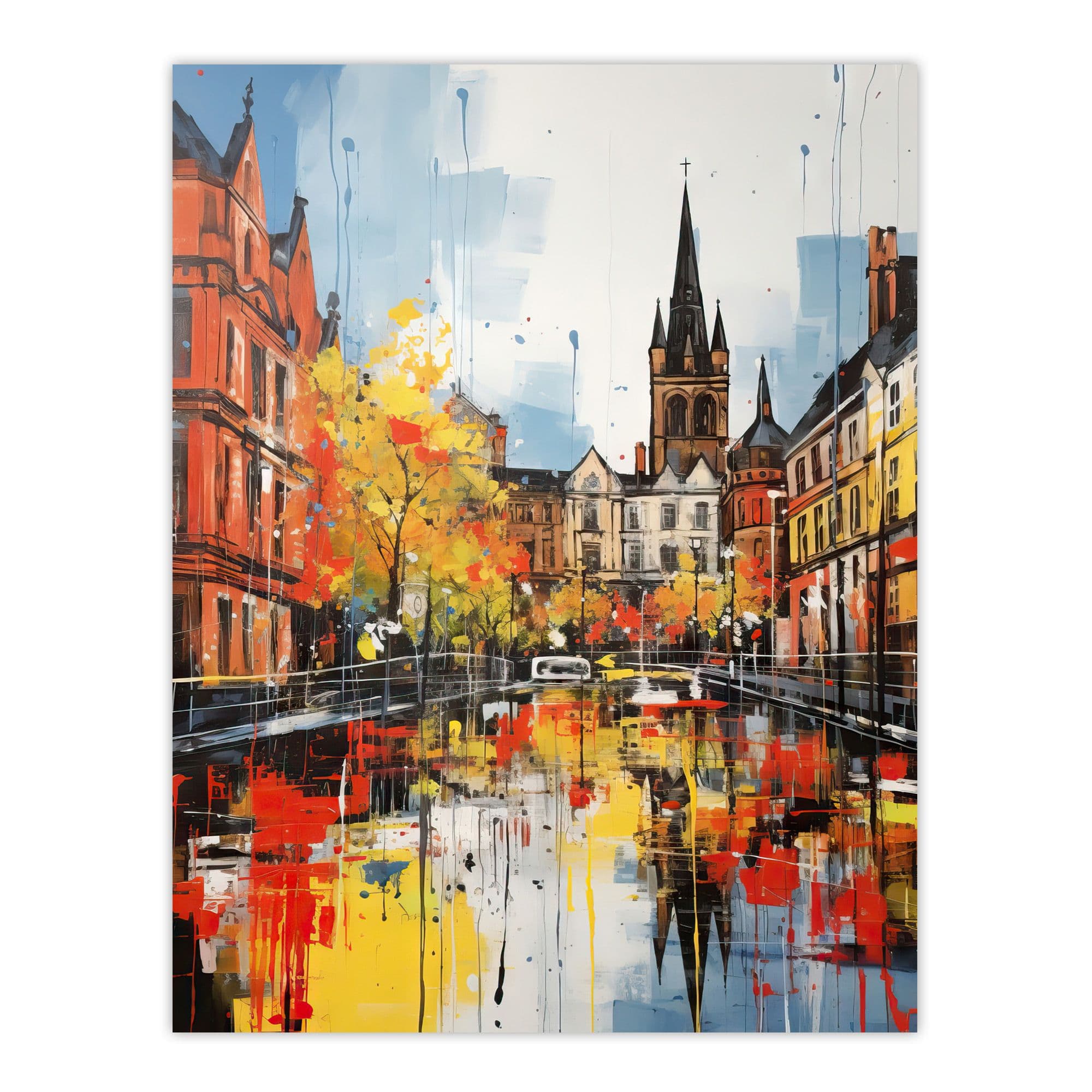 Glasgow Cityscape Vibrant Oil Painting Red Yellow Autumn In Scotland Extra Large XL Unframed Wall Art Poster Print