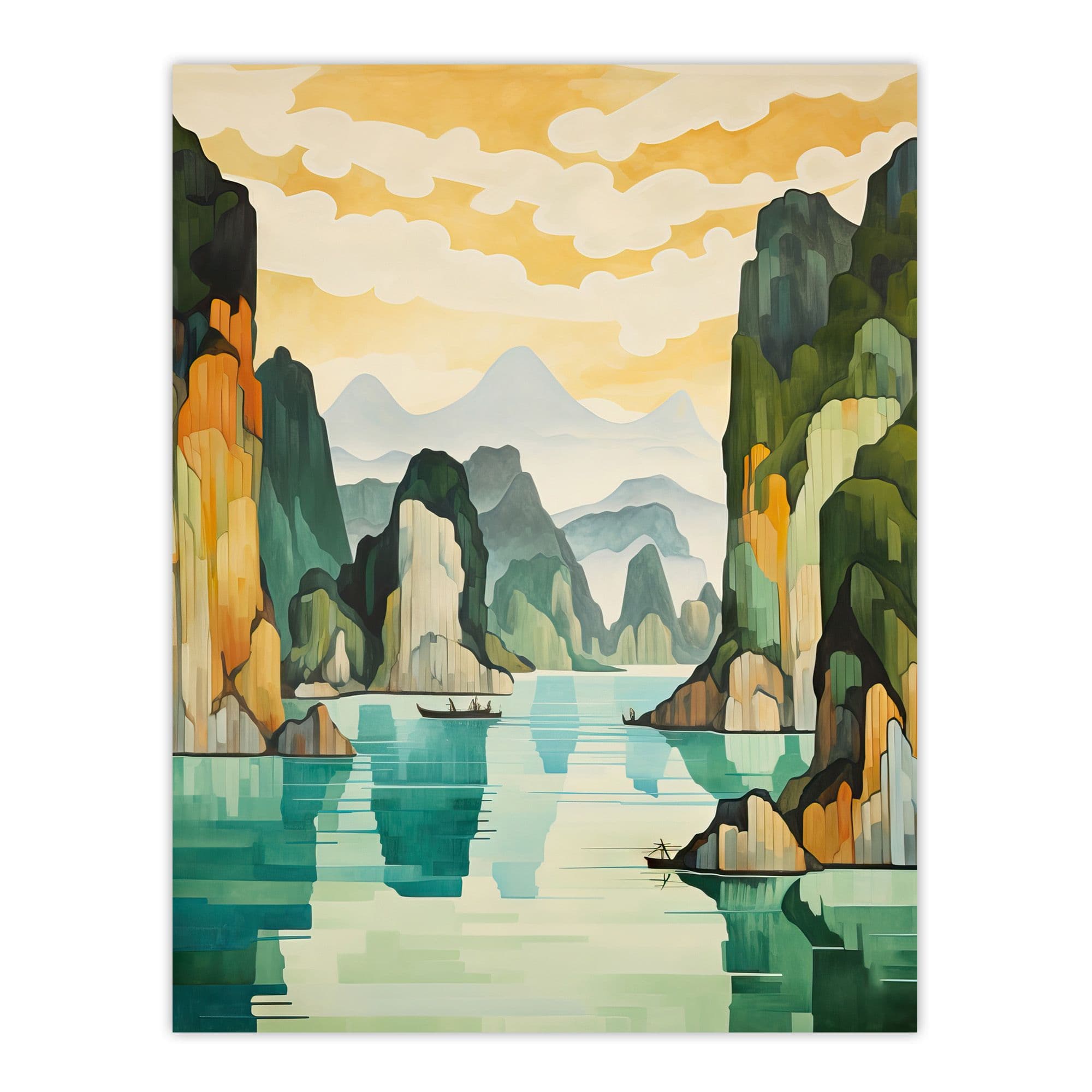 Ha Long Bay Watercolour Painting Vietnam Limestone Islands Emerald Waters Pastel Seascape Extra Large Unframed Wall Art Poster Print