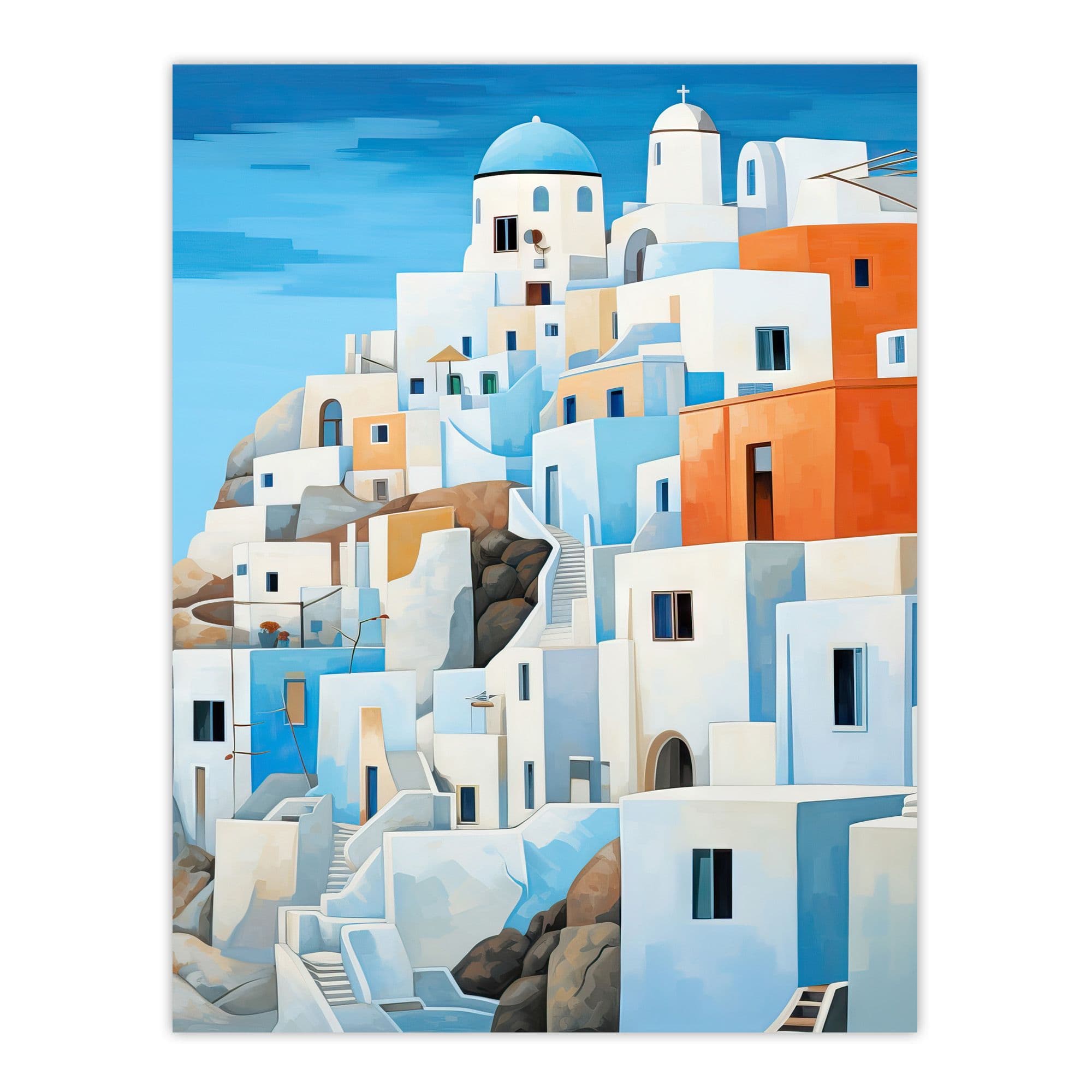 Santorini Greece Watercolour Painting Whitewashed Buildings Of Greek Island In Aegean Sea Extra Large XL Unframed Wall Art Poster Print