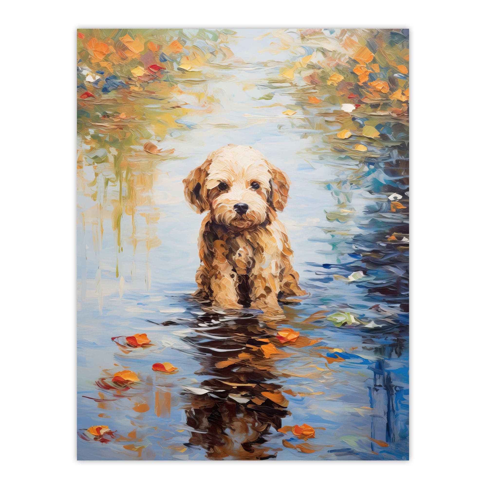 Brown Cockapoo And Autumn Leaves In Lake Claude Monet Style Dog Oil Painting Extra Large XL Unframed Wall Art Poster Print