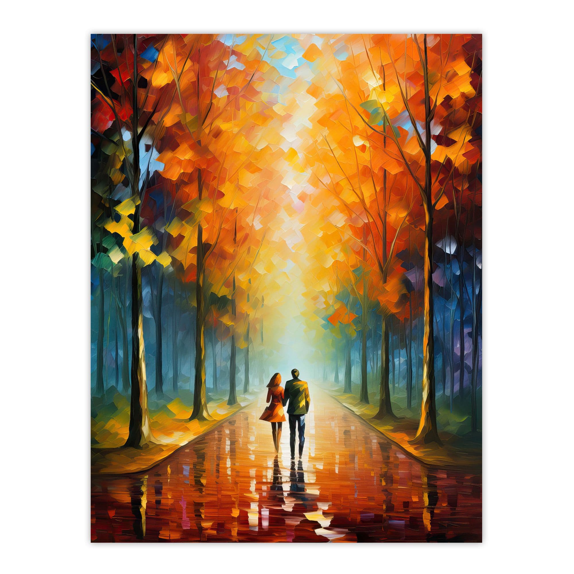 Lovers Walk Oil Painting Pallet Knife Couple Taking Stroll Through Park In Autumn Extra Large XL Unframed Wall Art Poster Print