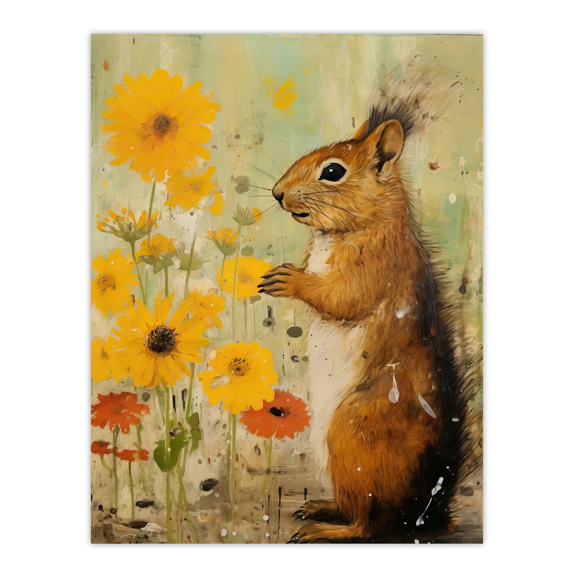 Squirrel In The Marigolds Stop To Smell The Flowers Oil Painting Orange And Yellow Extra Large XL Unframed Wall Art Poster Print