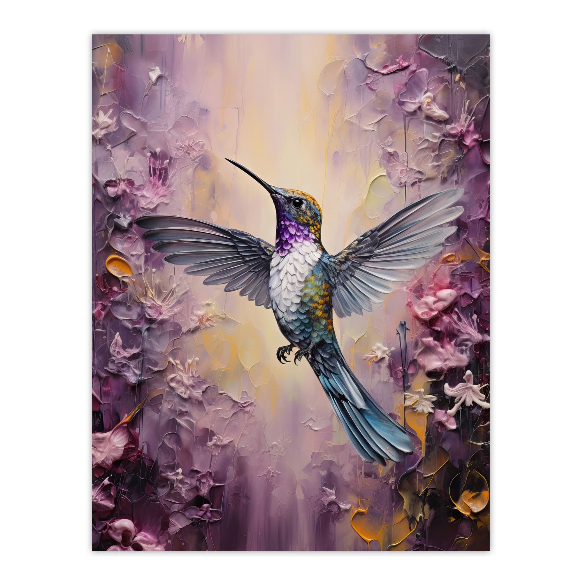 Hummingbird In An Abstract Lavender Flower Field Bright Oil Painting Extra Large XL Unframed Wall Art Poster Print