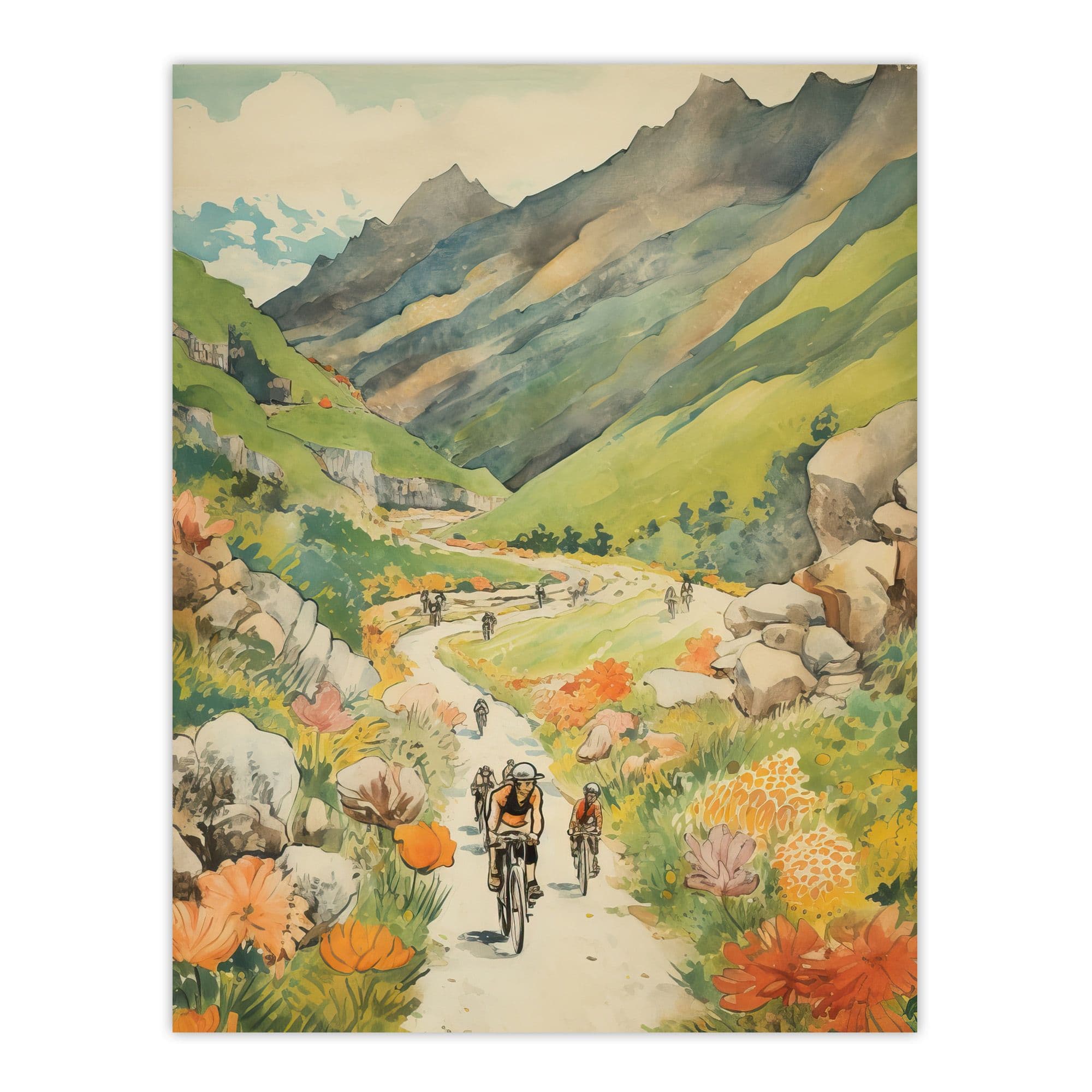 The Bike Ride Through The Alps Watercolour Painting Alpine Bikers On Scenic Mountain Trail Extra Large XL Unframed Wall Art Poster Print
