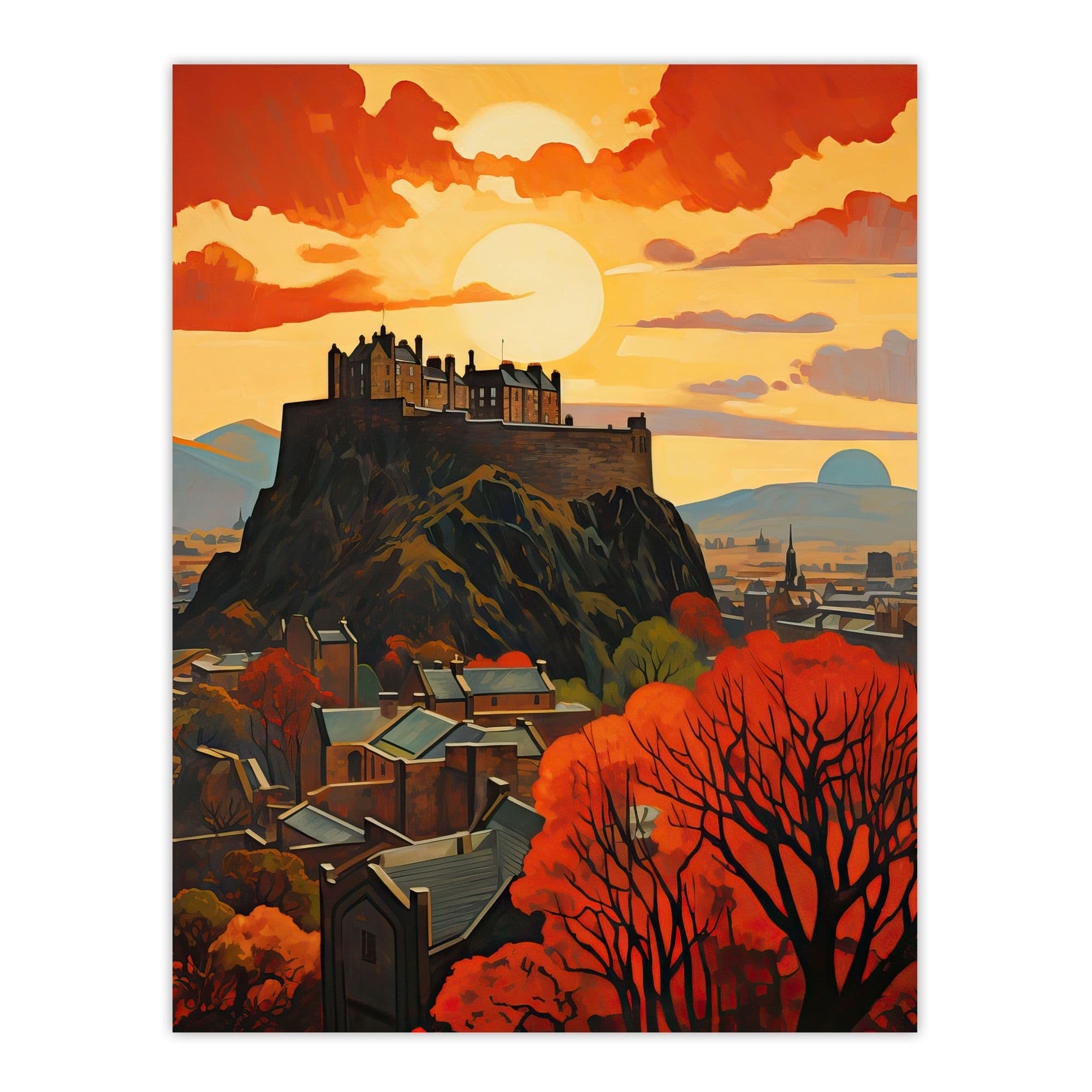 Edinburgh Castle Oil Painting Twilight In Autumn Cityscape Extra Large XL Unframed Wall Art Poster Print
