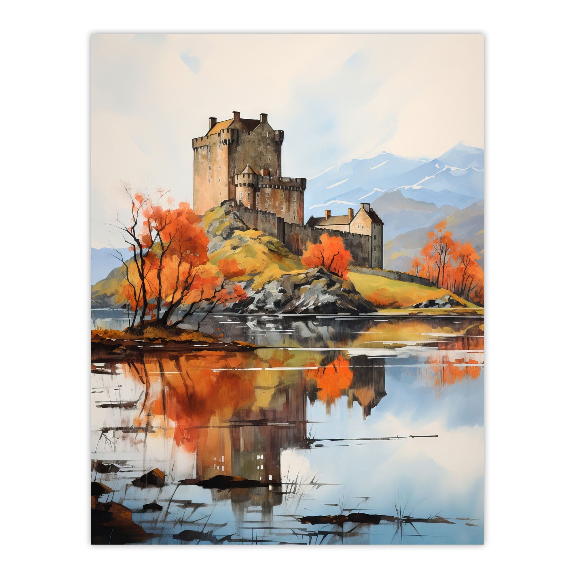 Eilean Donan Castle Scotland Watercolour Painting Misty Morning Autumn Sunlight Extra Large Unframed Wall Art Poster Print