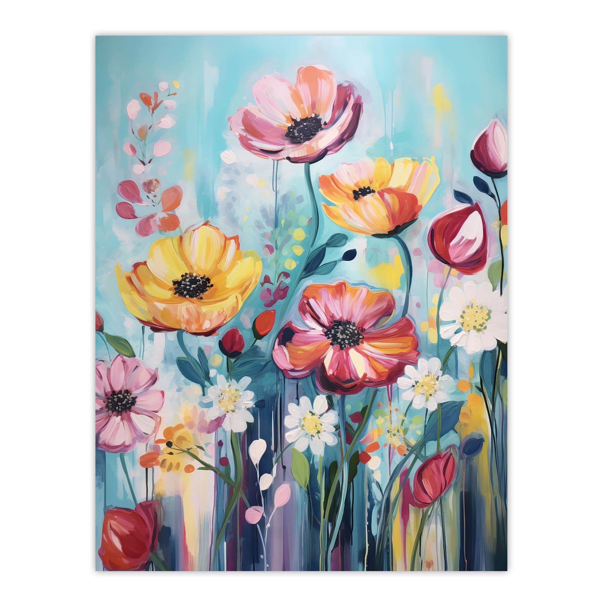 Teal Pink Yellow Flowers Elegant Watercolour Artwork Wildflower Meadow Extra Large XL Unframed Wall Art Poster Print