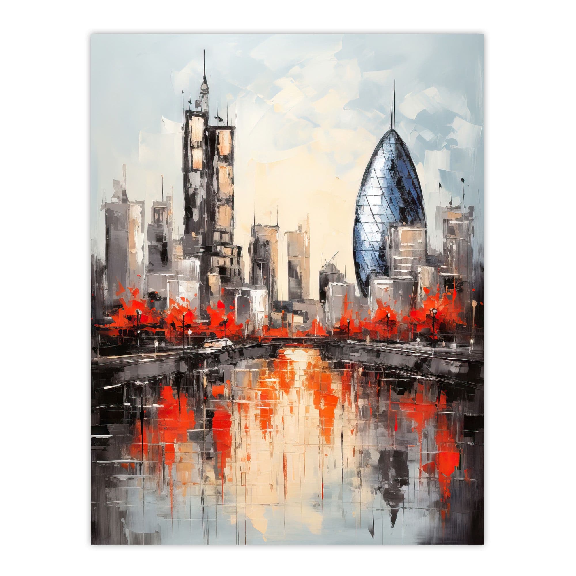 London Cityscape Skyline Gherkin Oil Painting Thames Reflections Autumn Extra Large Unframed Wall Art Poster Print