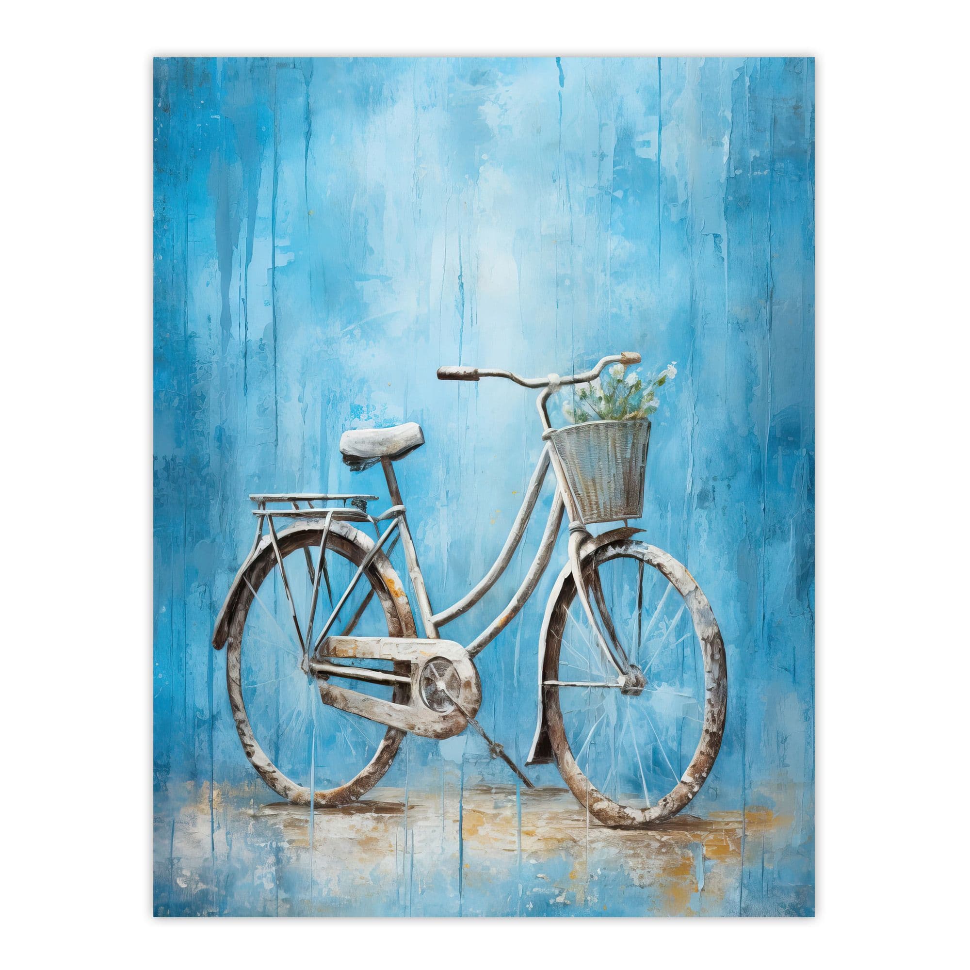 Simple Elegant Single Bicycle On Blue Modern Contemporary Detailed Flower Basket Artwork Extra Large XL Unframed Wall Art Poster Print