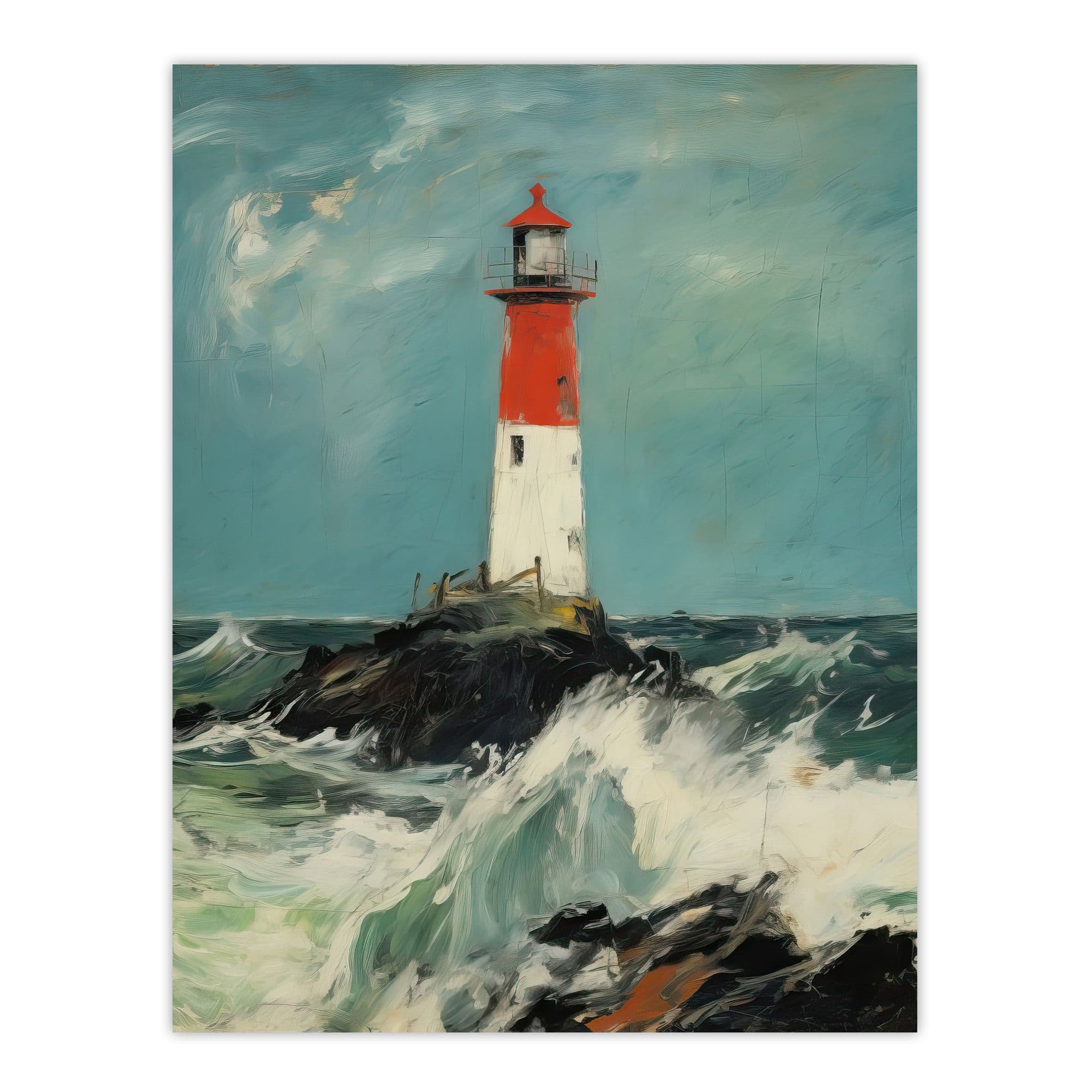 Solitary Lighthouse Against A Stormy Sea Modern Oil Painting Ocean Colours With Red Extra Large XL Unframed Wall Art Poster Print