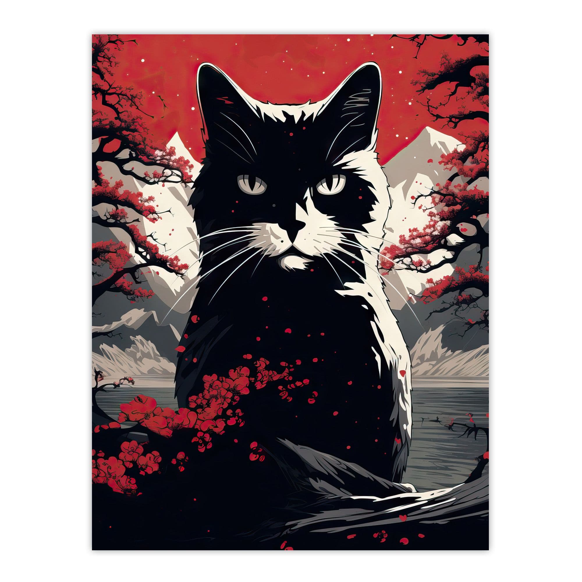 Ukiyo Japan Cat Red White Modern Artwork Painting Extra Large Unframed Wall Art Poster Print