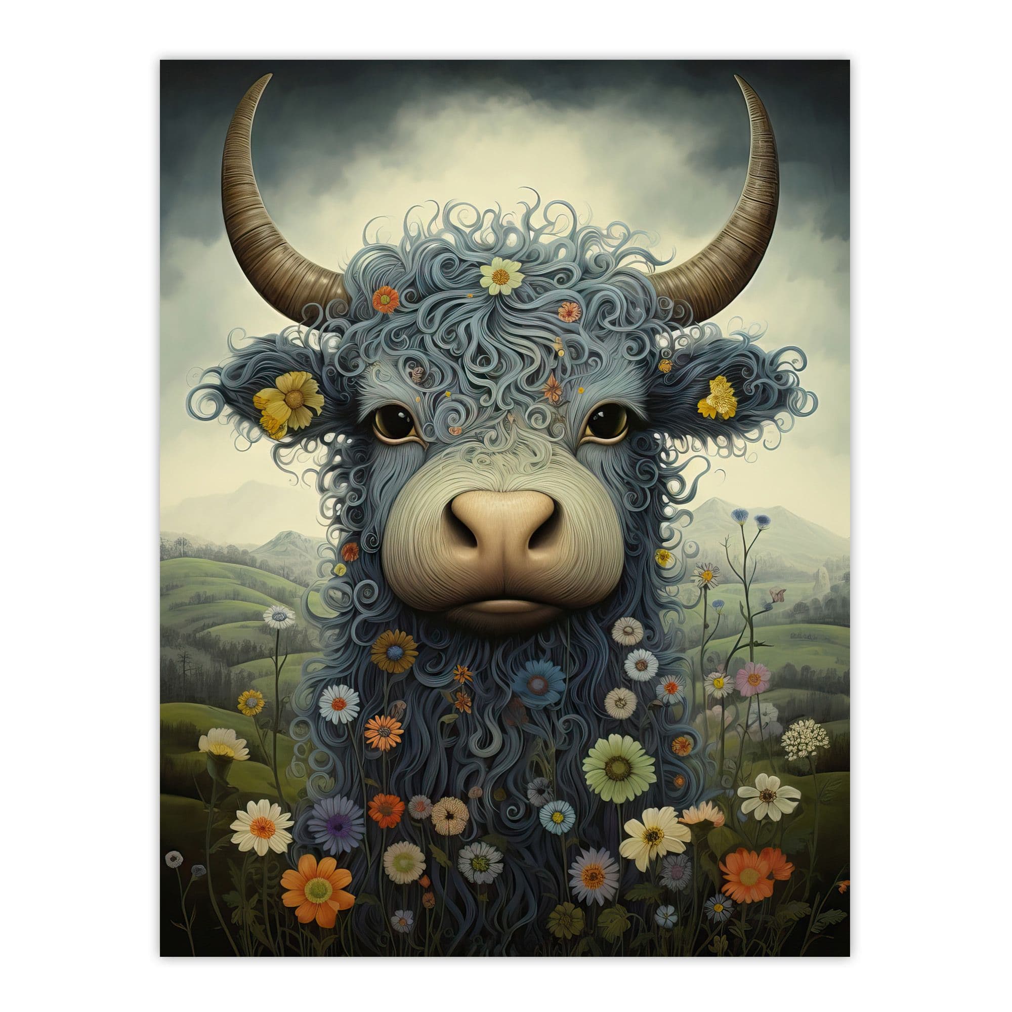 Small Blue Highland Cow In Wildflower Meadow Fun Wee Blue Coo Artwork Extra Large XL Unframed Wall Art Poster Print