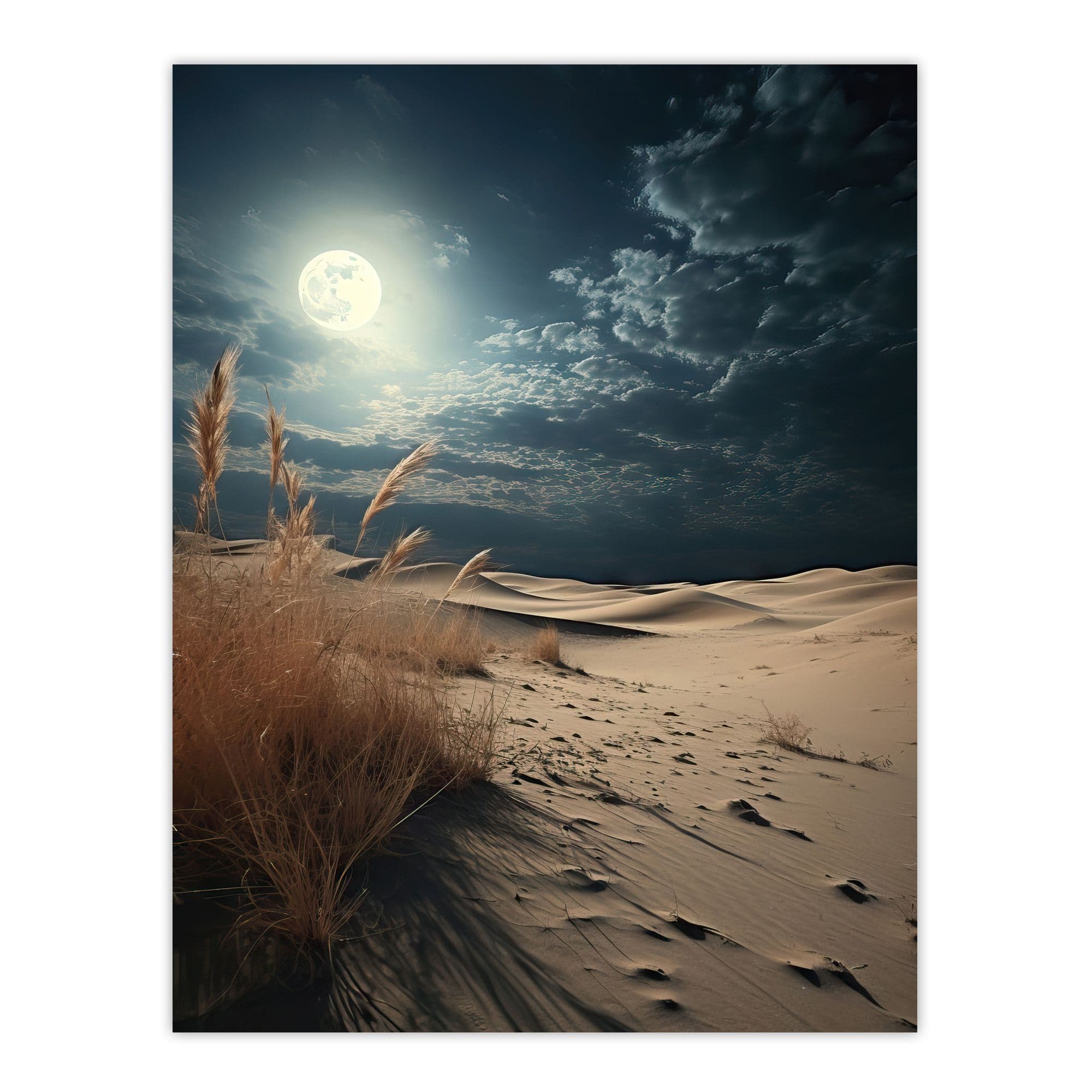 Windswept Seaside Dunes Under Full Moon Reeds Moonlight Photograph Extra Large Unframed Wall Art Poster Print