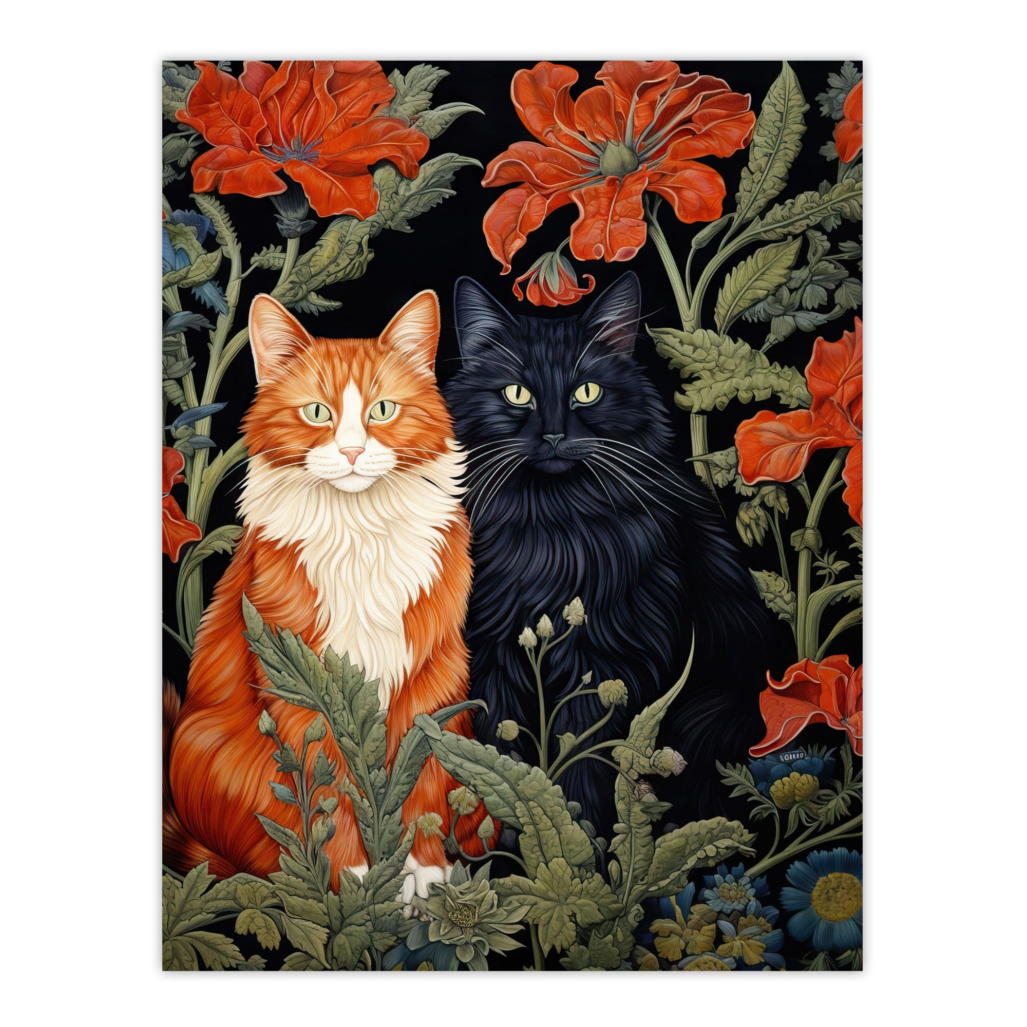 Fluffy Ginger And Black Flower Cats Amongst The Red Floral Blooms Modern Artwork Extra Large XL Unframed Wall Art Poster Print