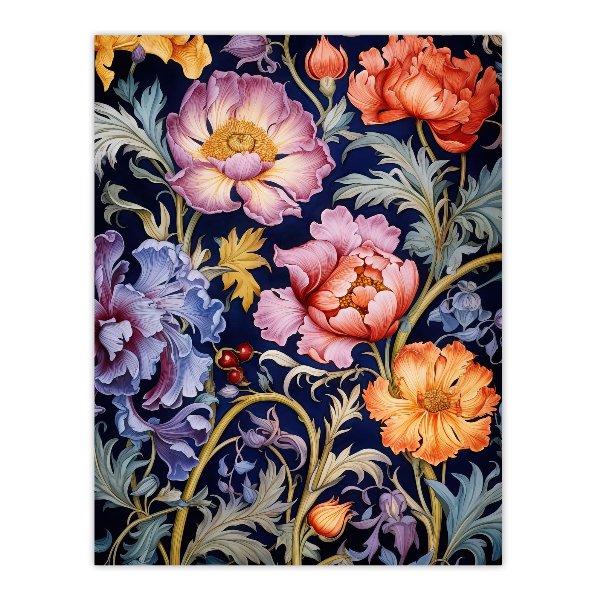 Modern William Morris Style Elegant Anemone Flowers Floral Pattern Colourful Artwork On Blue Extra Large XL Unframed Wall Art Poster Print
