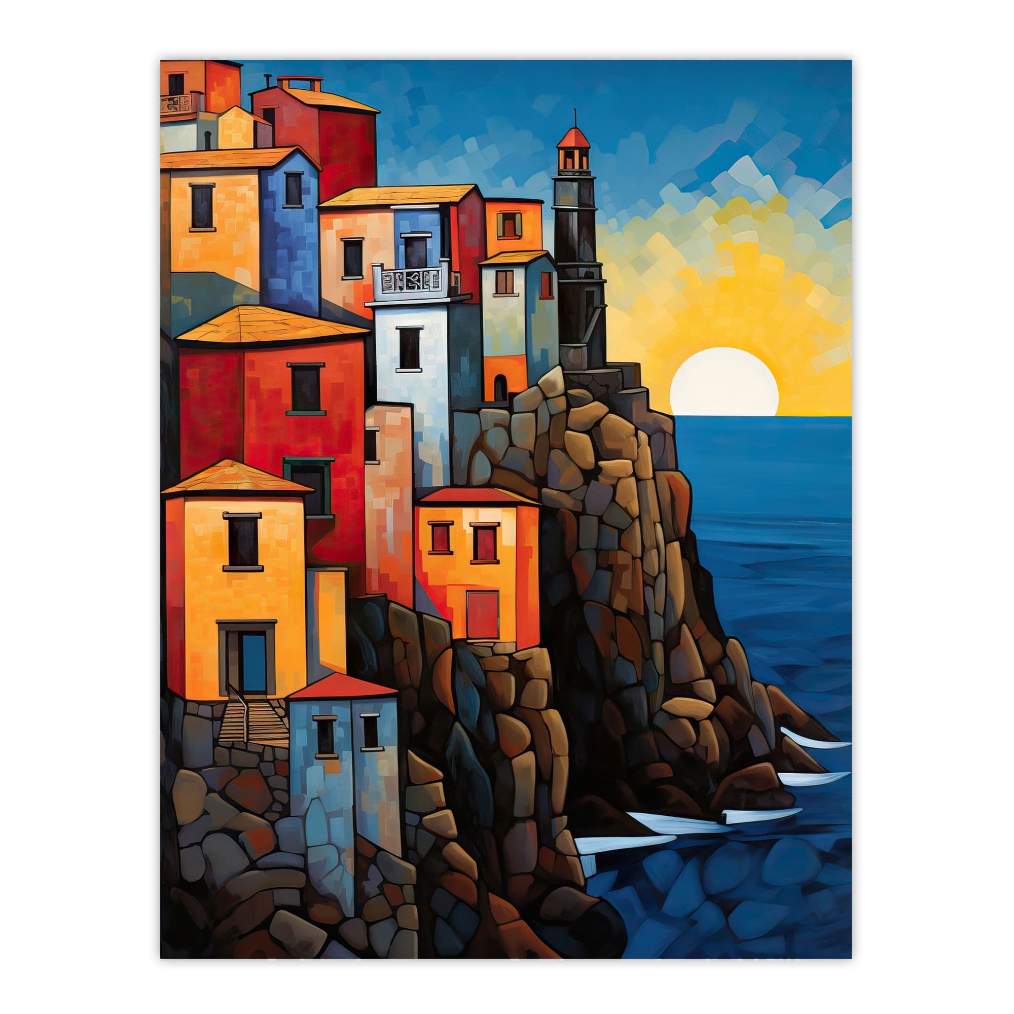 Cinque Terre Coastal Sunrise Acrylic Painting Italy Fishing Villages Riomaggiore Manarola Corniglia Vernazza And Monterosso Unframed Wall Art Print Po