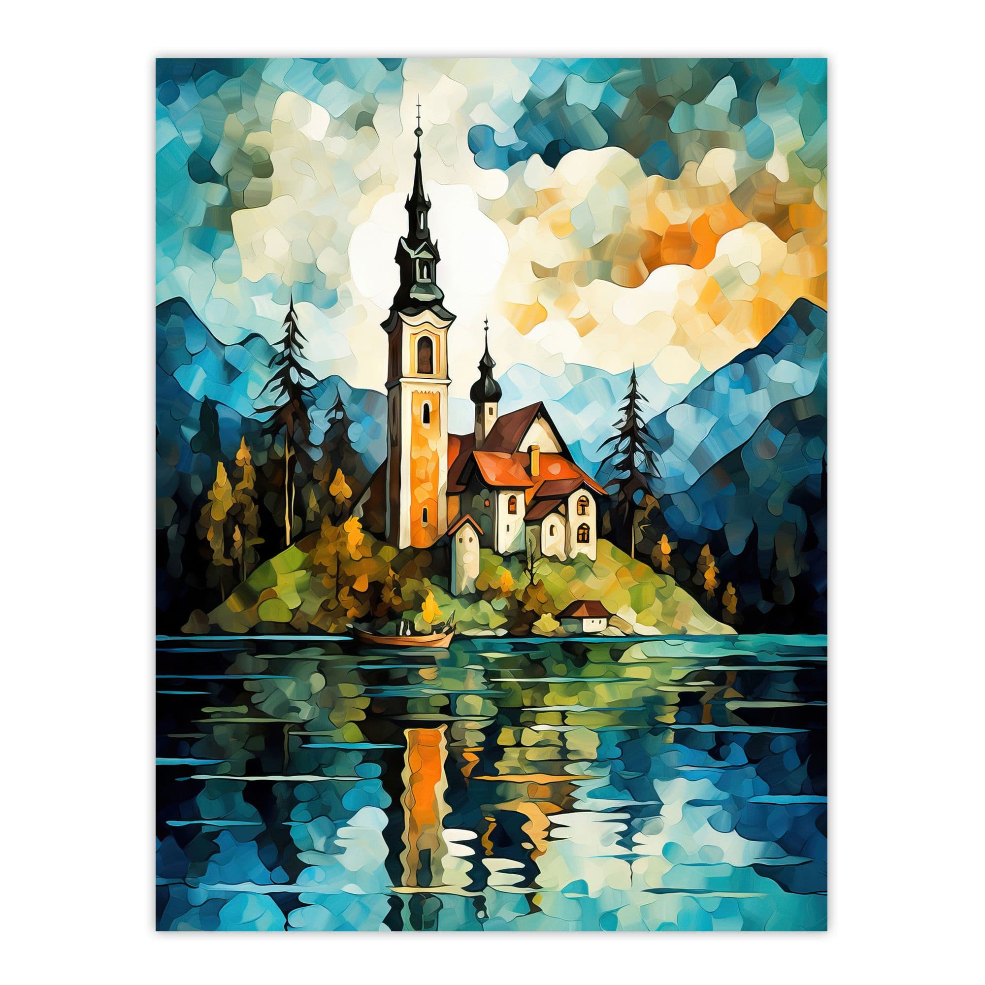 Lake Bled Vibrant Artwork 17th Century Church On Slovenia Island Reflecting On Water Unframed Wall Art Print Poster Home Decor Premium