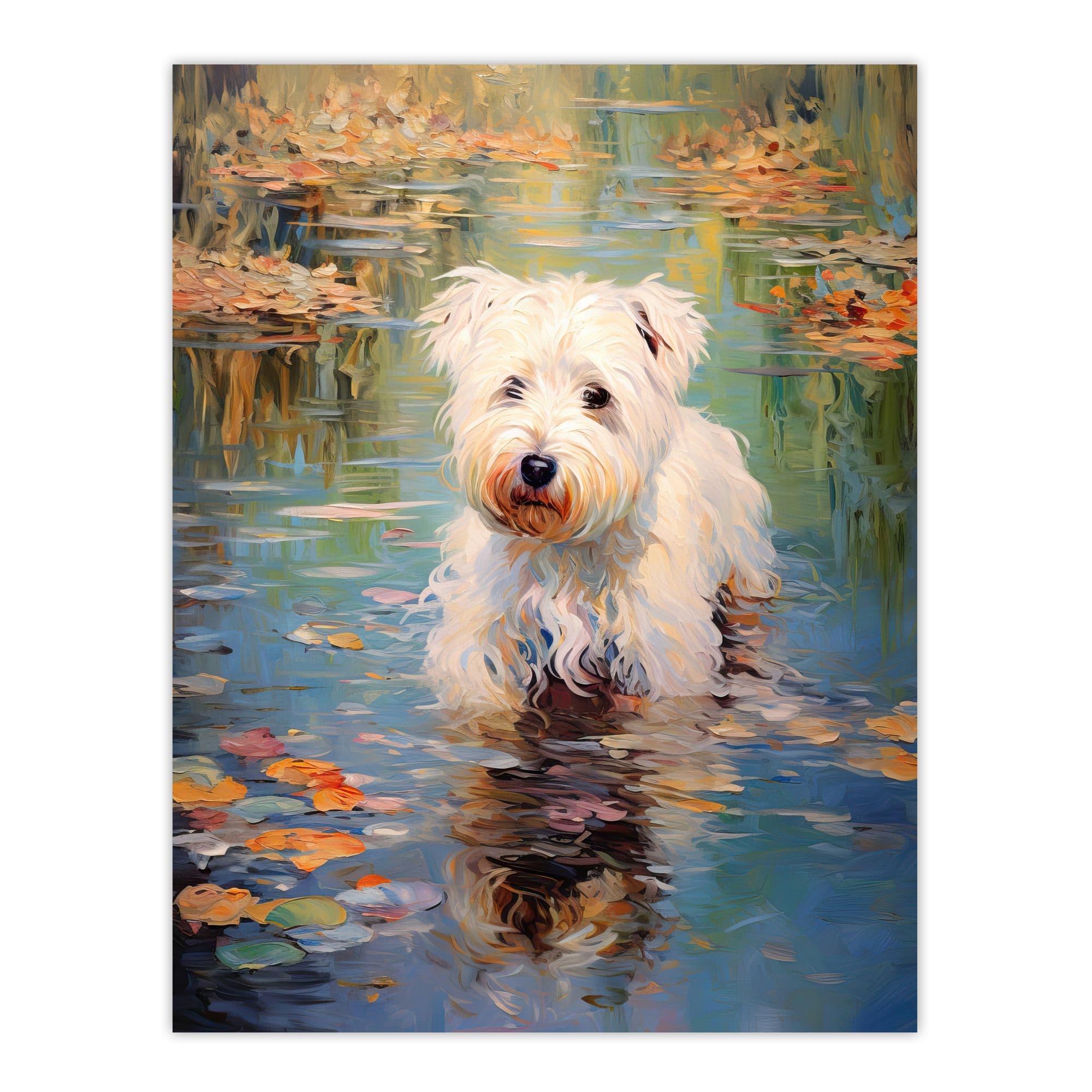 West Highland Terrier Autumn Lake Walk Claude Monet Style Dog Oil Painting Unframed Wall Art Print Poster Home Decor Premium