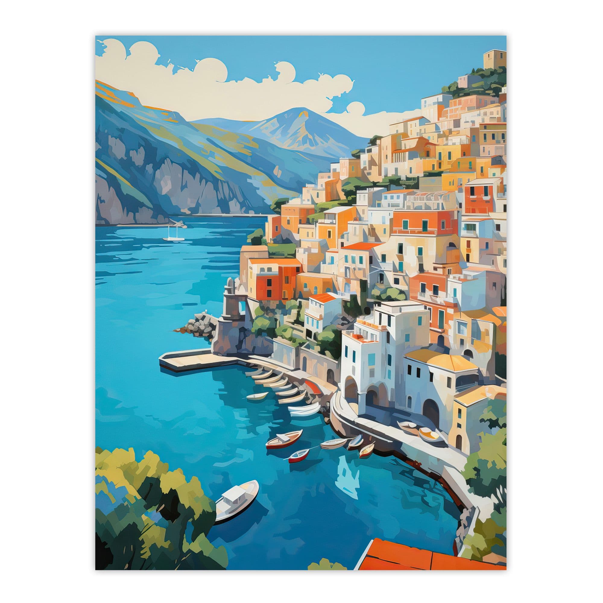 Amalfi Coast Artwork Blue Orange Green Italy Coastal Village Landscape Unframed Wall Art Print Poster Home Decor Premium