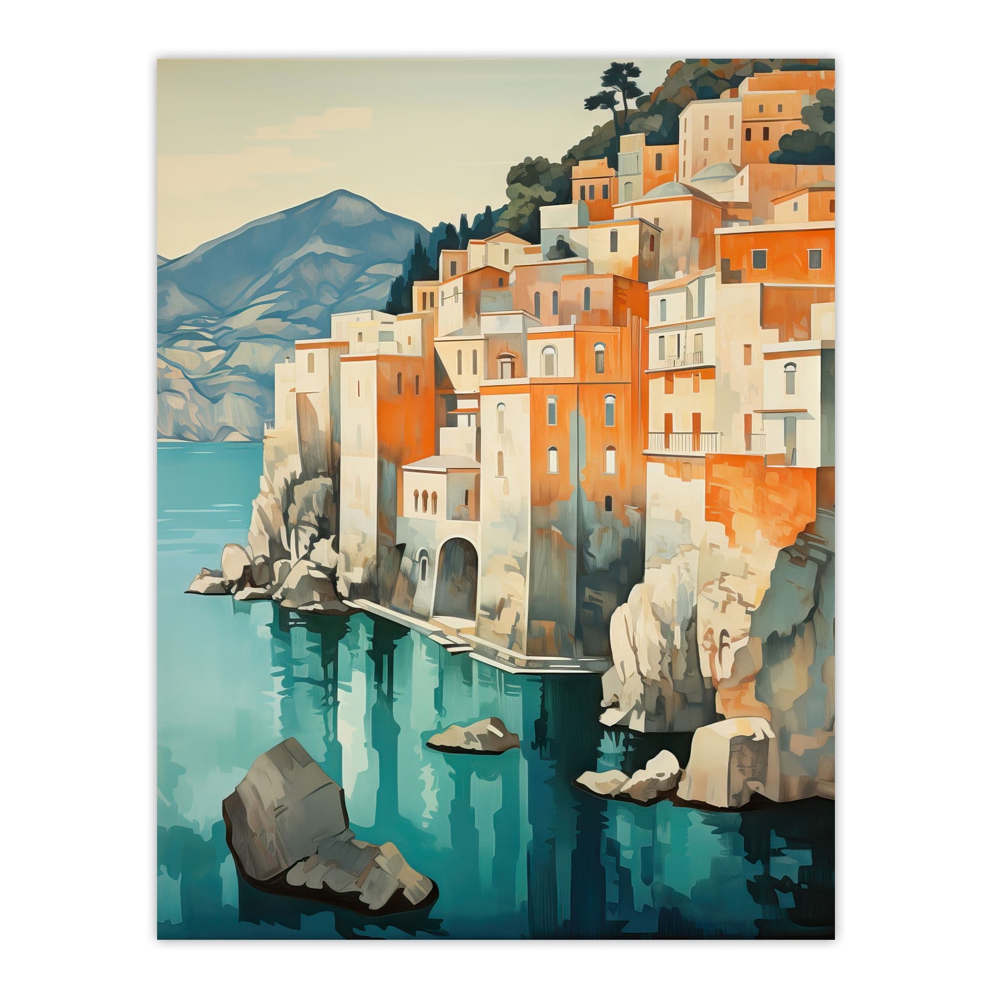 Amalfi Coast Artwork Blue Orange Green Coastal Village Italy Landscape Unframed Wall Art Print Poster Home Decor Premium