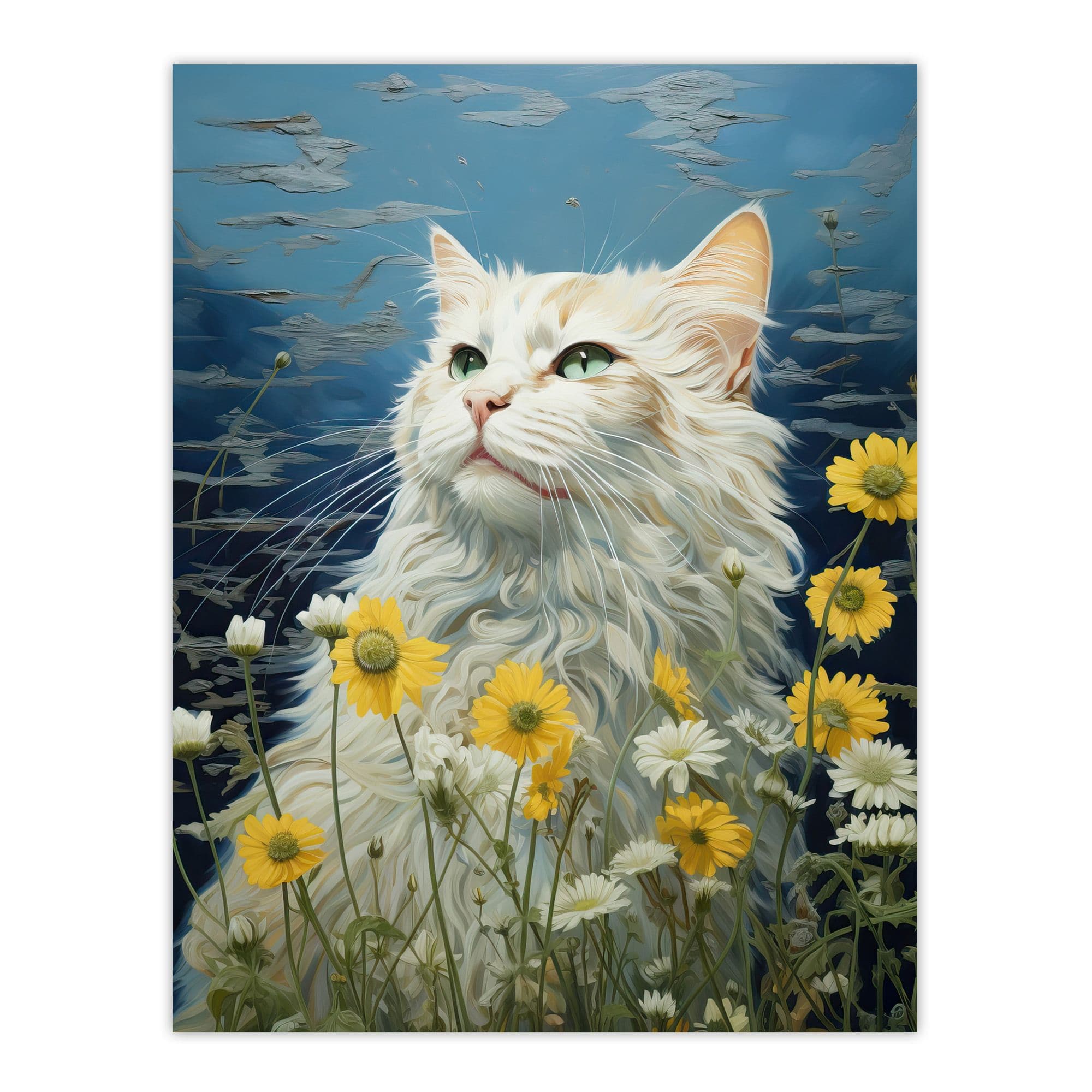 White Cat In The Wildflowers Floral Meadow Oil Painting Norwegian Forest Cat Unframed Wall Art Print Poster Home Decor Premium
