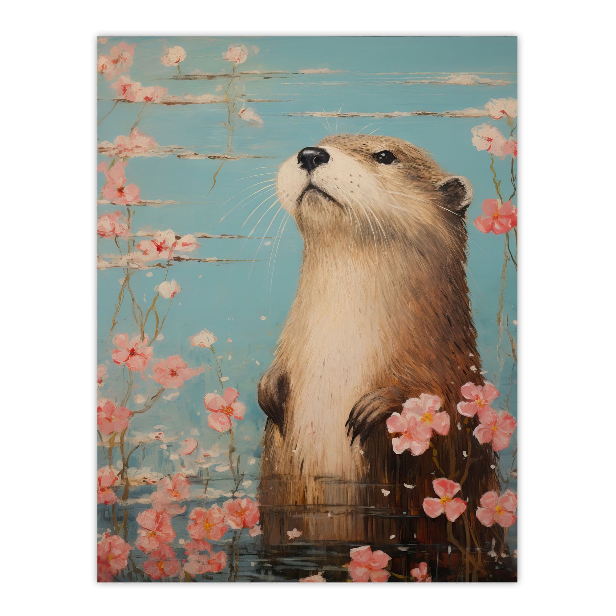 Otter On The Water Scent Of Pink Hibiscus Blooms Oil Painting Unframed Wall Art Print Poster Home Decor Premium